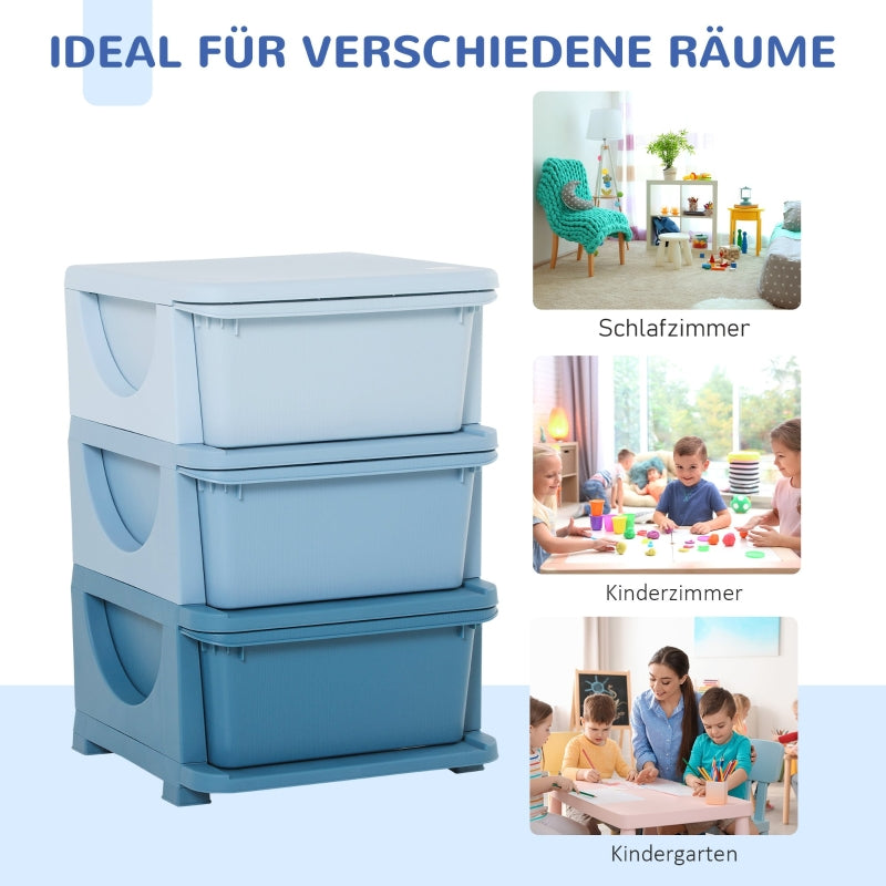Kids' Storage Boxes, 3 Drawers, Rounded Edges, Blue