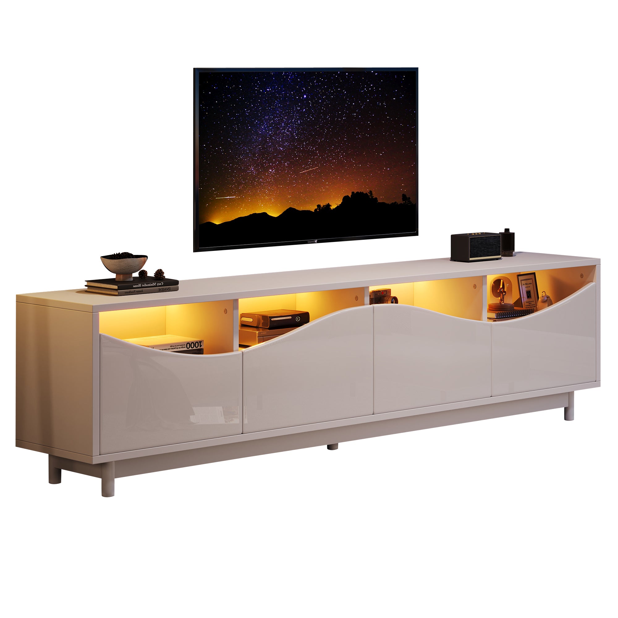 TV Cabinet, Curved High-Gloss with Tempered Glass Door & LED Lighting, White