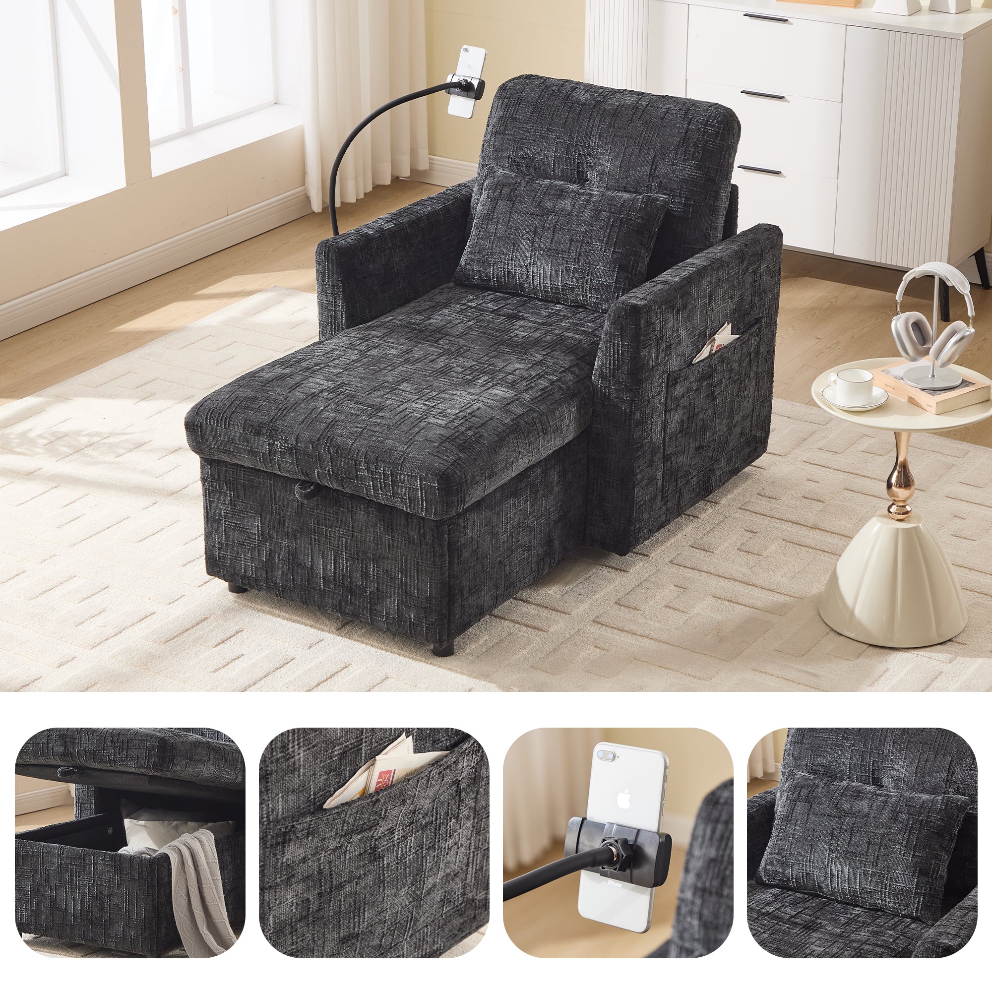 Lazy Sofa, Multifunctional with Phone Holder & Stowable Backrest, Chenille