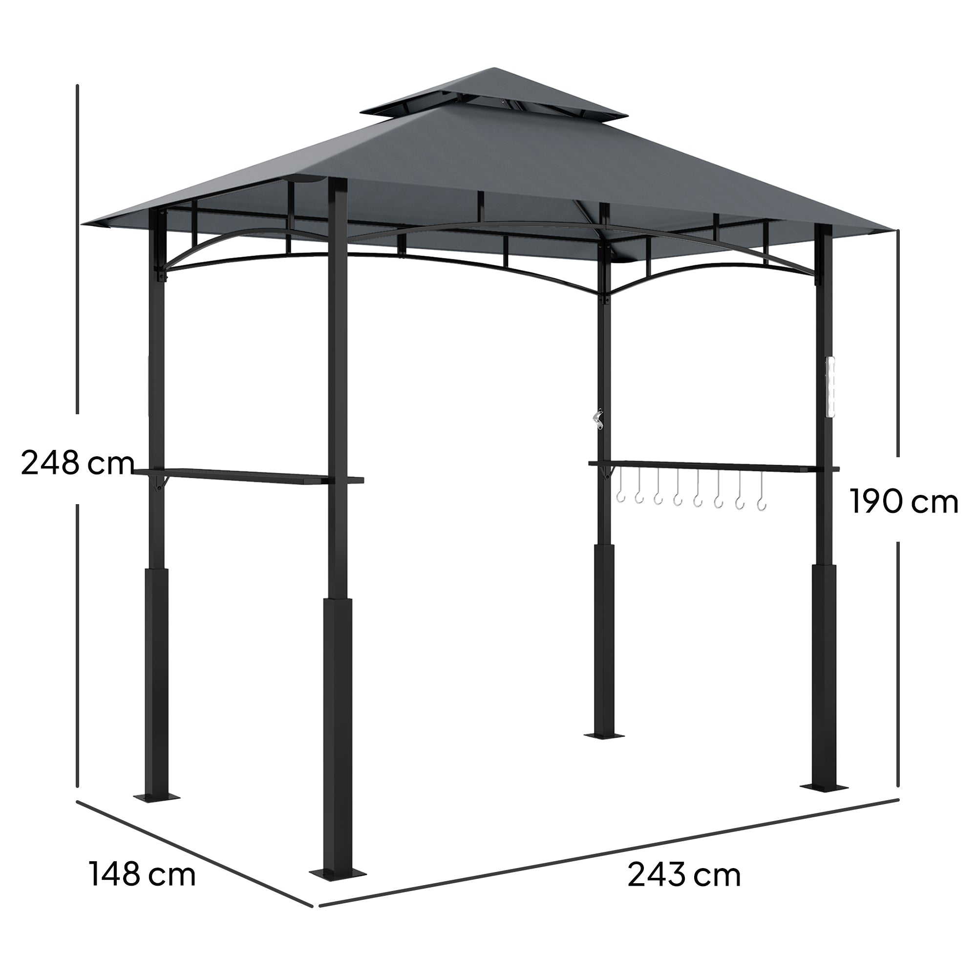 Grill Gazebo LED Lighting, Double Roof, Side Shelves, Waterproof Metal Grey
