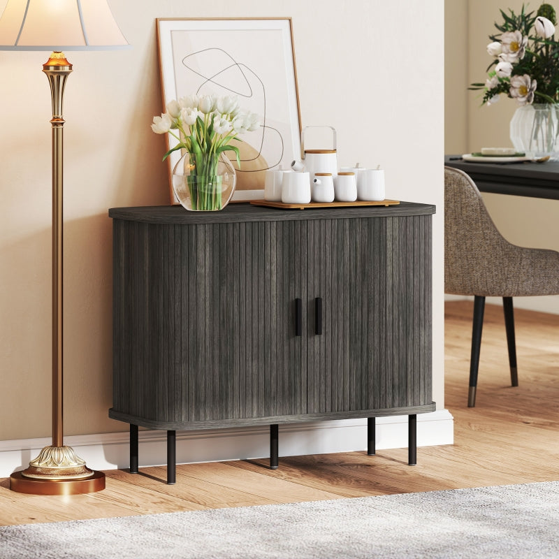 Mid-Century Modern Sideboard Storage Cabinet Slatted Tambour Sliding Doors Steel Legs Grey