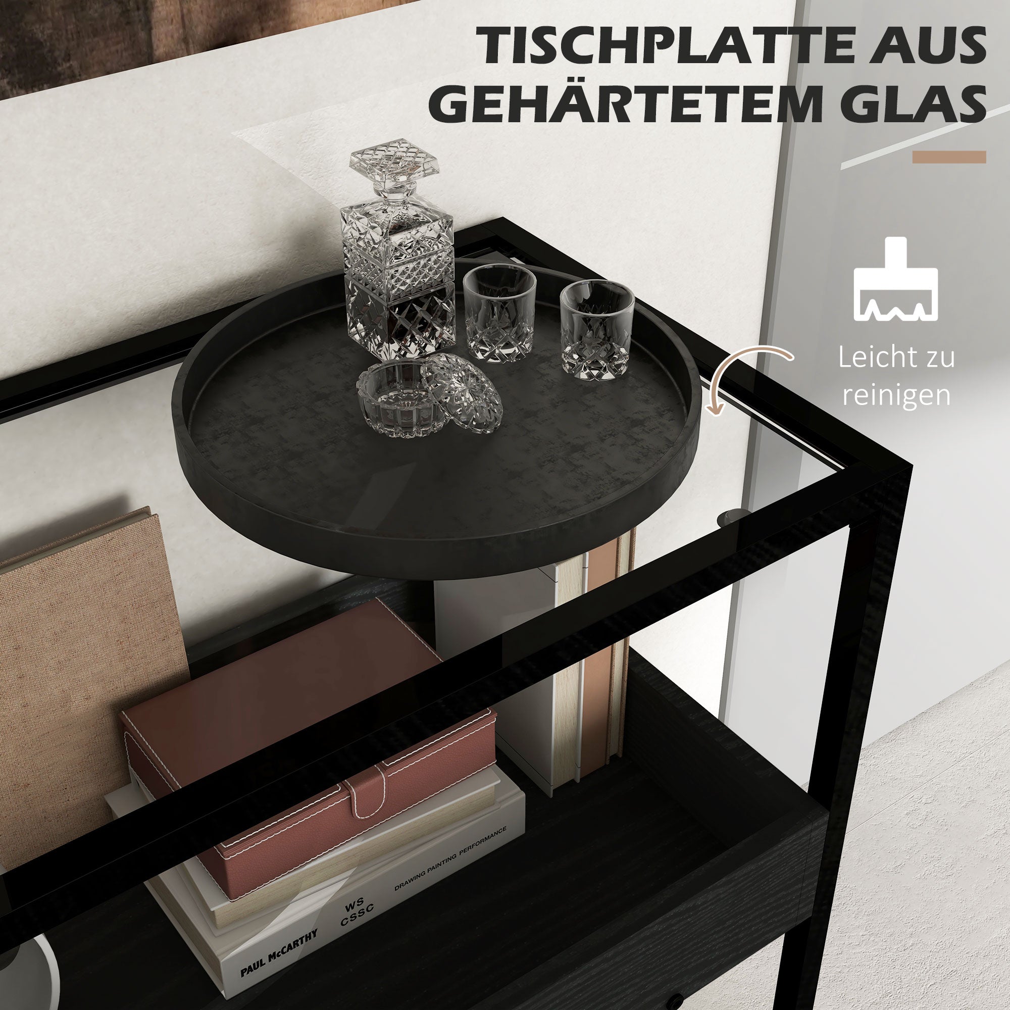 Console Table, 2 Shelves Glass Top, Steel Black