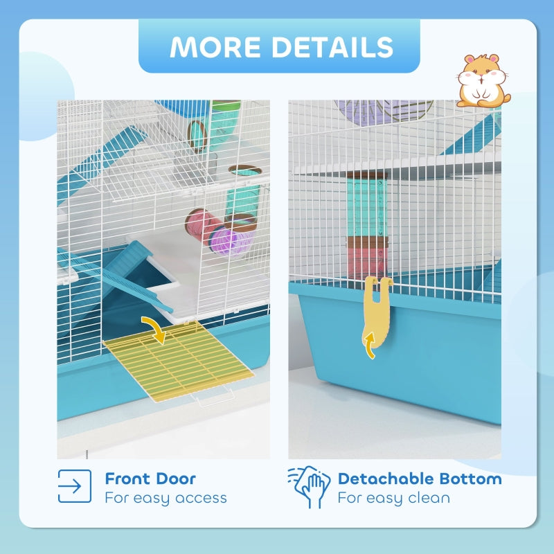 4 Tier Hamster Cage with Tubes, Exercise Wheel, Hut, Water Bottle, Food Dish, Ramps - Light Blue