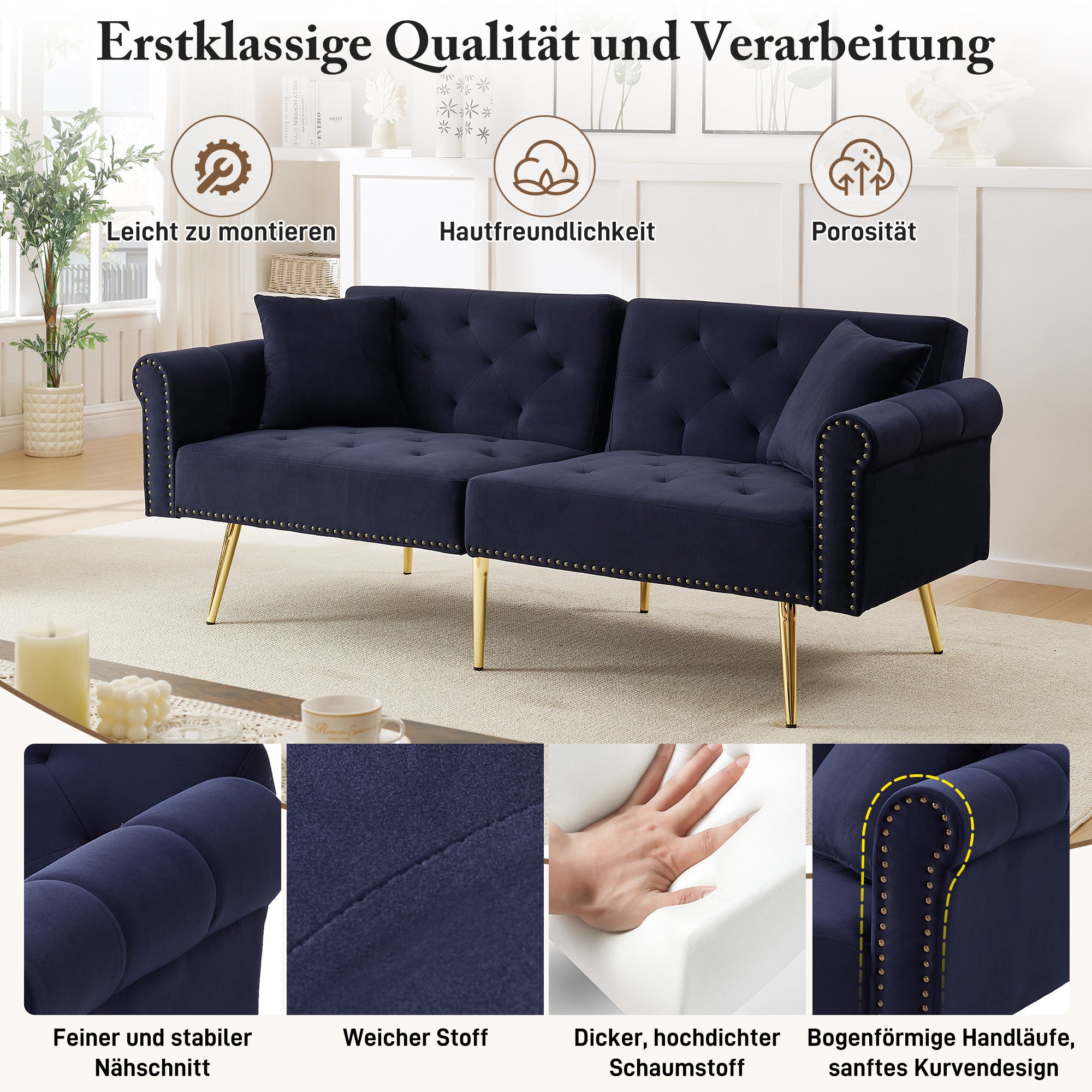 Sofa Bed, Modern 2-Seater, 3-Level Adjustable Backrest, Velvet