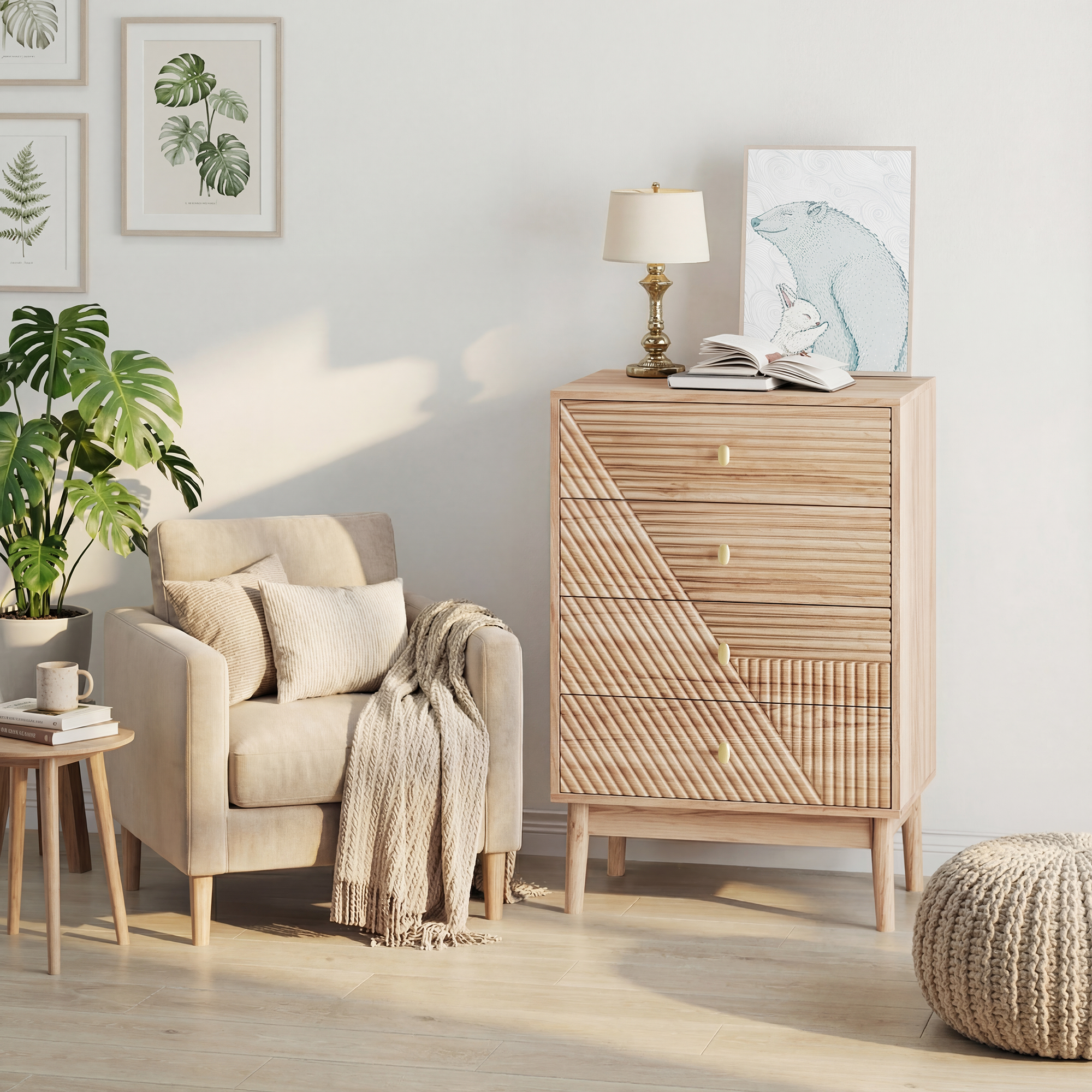 Chest of Drawers with 4 Storage Drawers and Wooden Wardrobe Cabinet, Oak Color