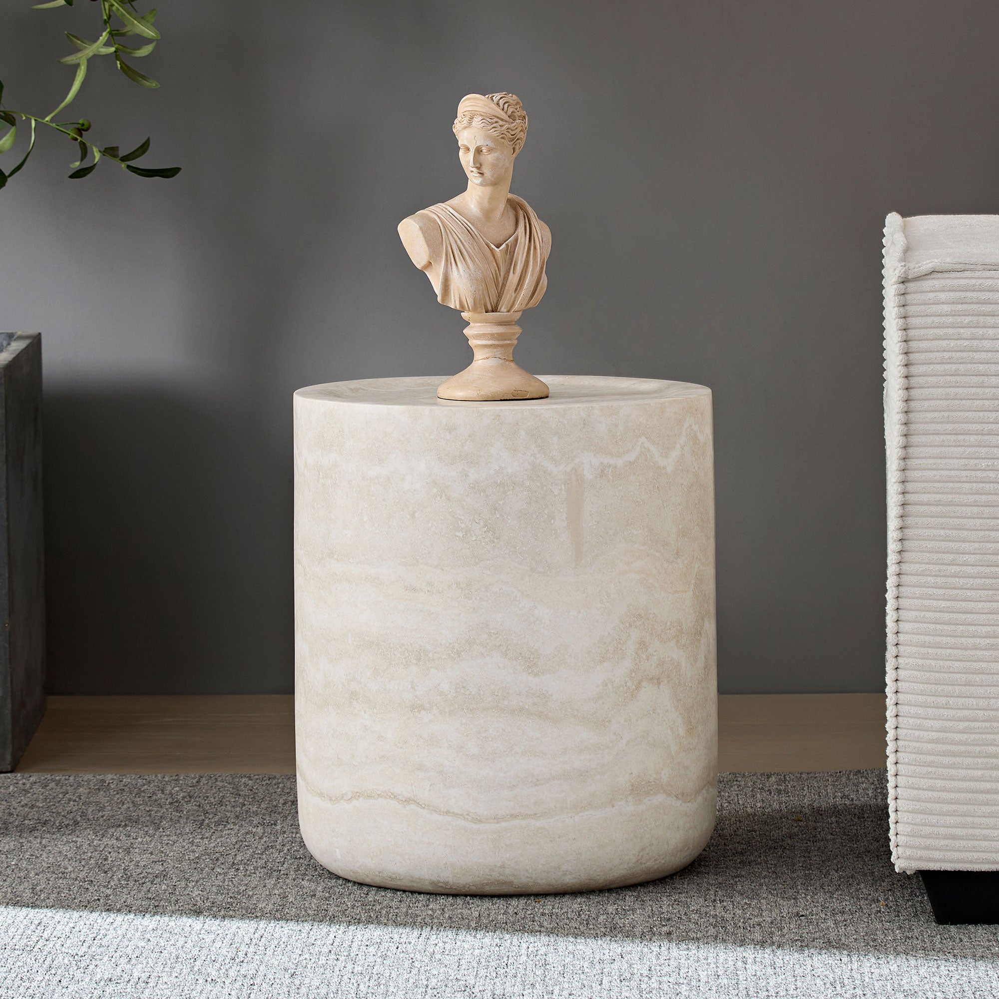 Side Table - Compact Textured Cylinder 40x40x45cm - Off-White Fiberglass