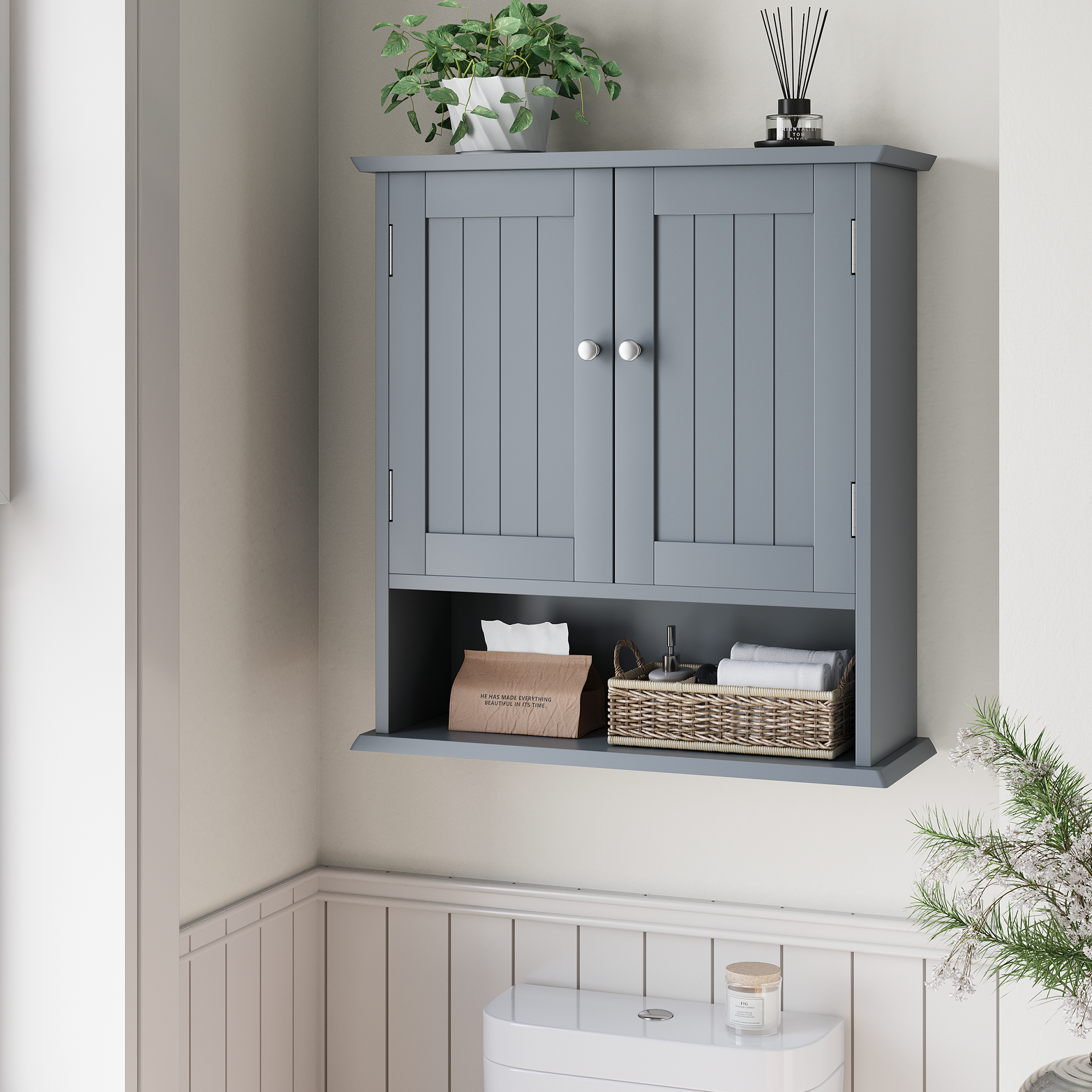 Bathroom Wall Cabinet with 2 Doors and Open Shelves
