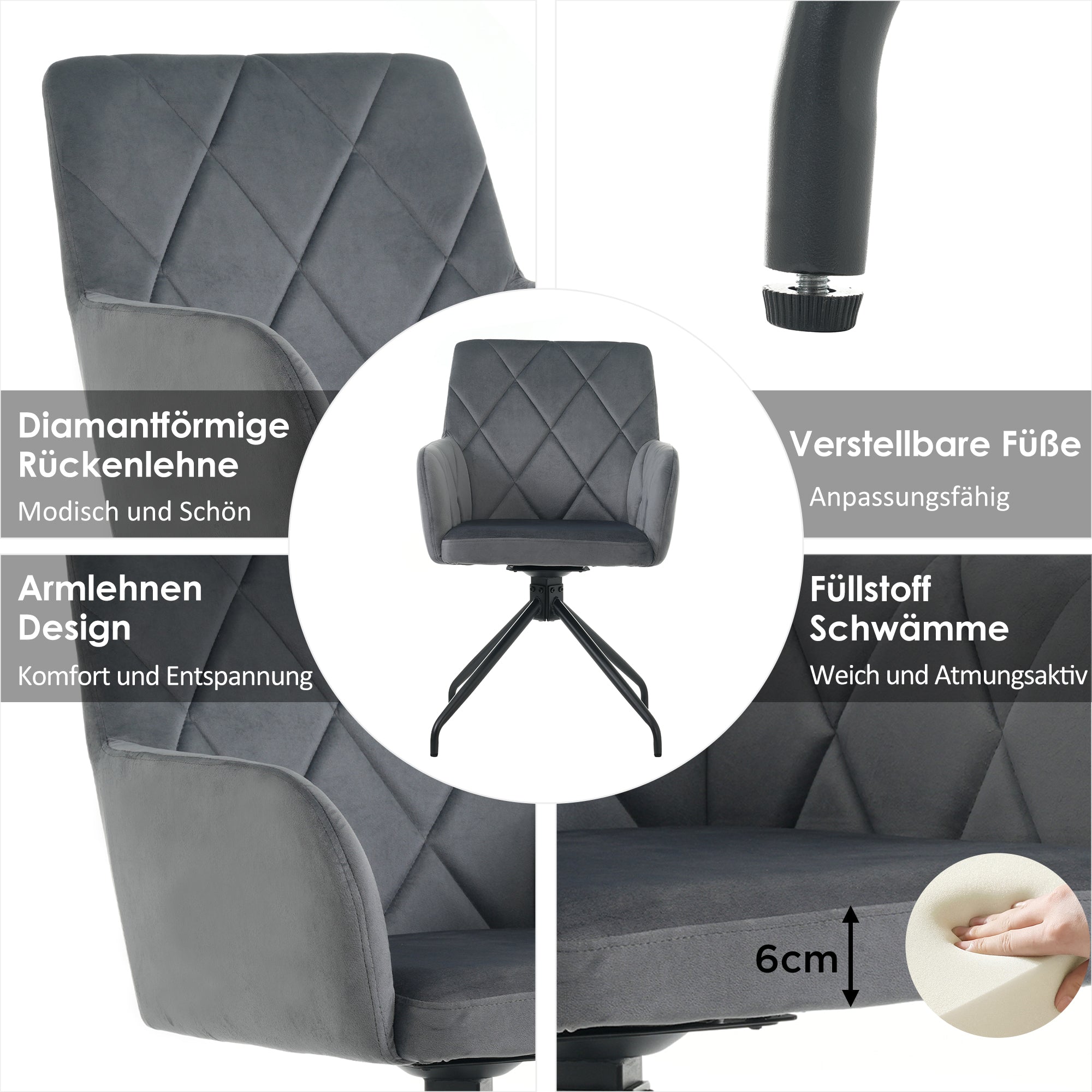 360° Swivel Dining Chairs, Set of 6 with Diamond Pattern and Lumbar Support, Anthracite Velvet