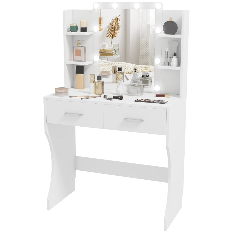Dressing table with mirror, dimmable LED lights, drawers, shelves, white