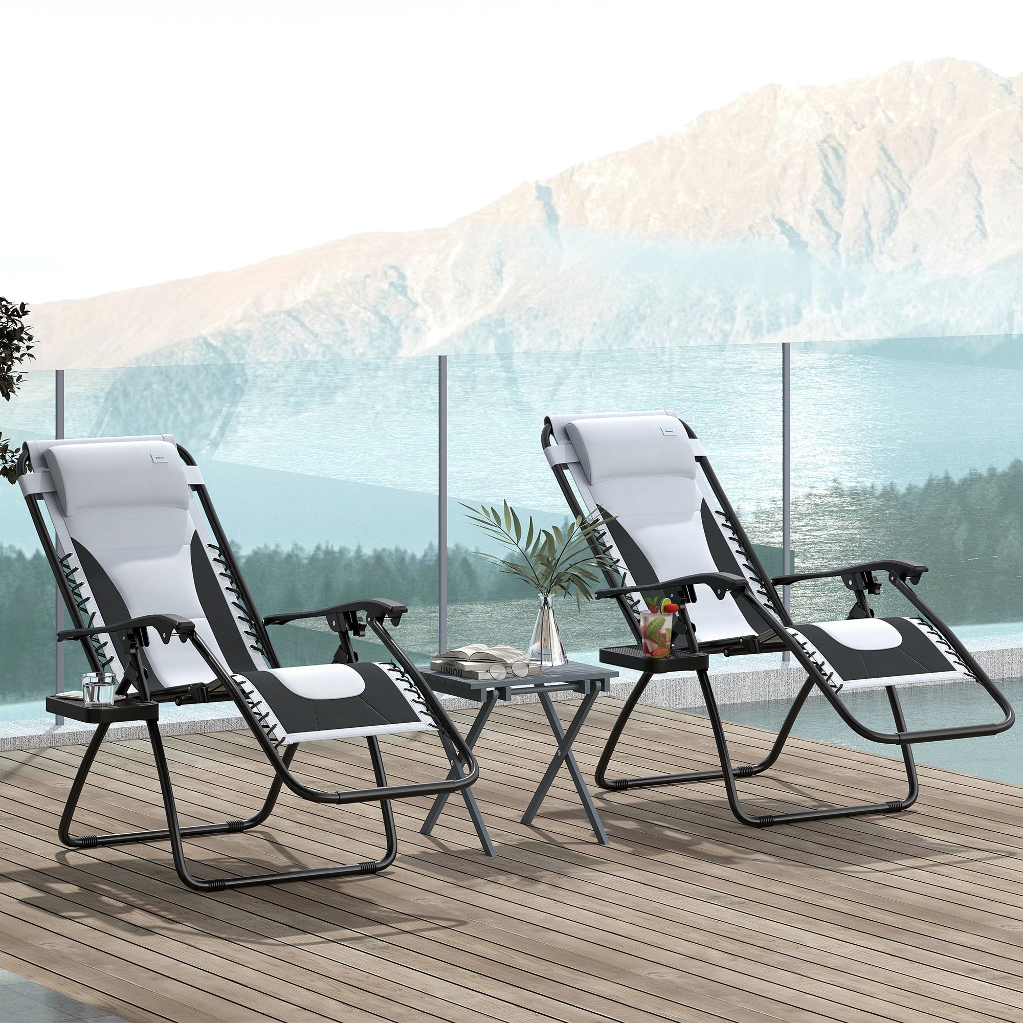 Zero Gravity Lounger Chair Set of 2, Folding Reclining Patio Chair with Cup Holder, Grey