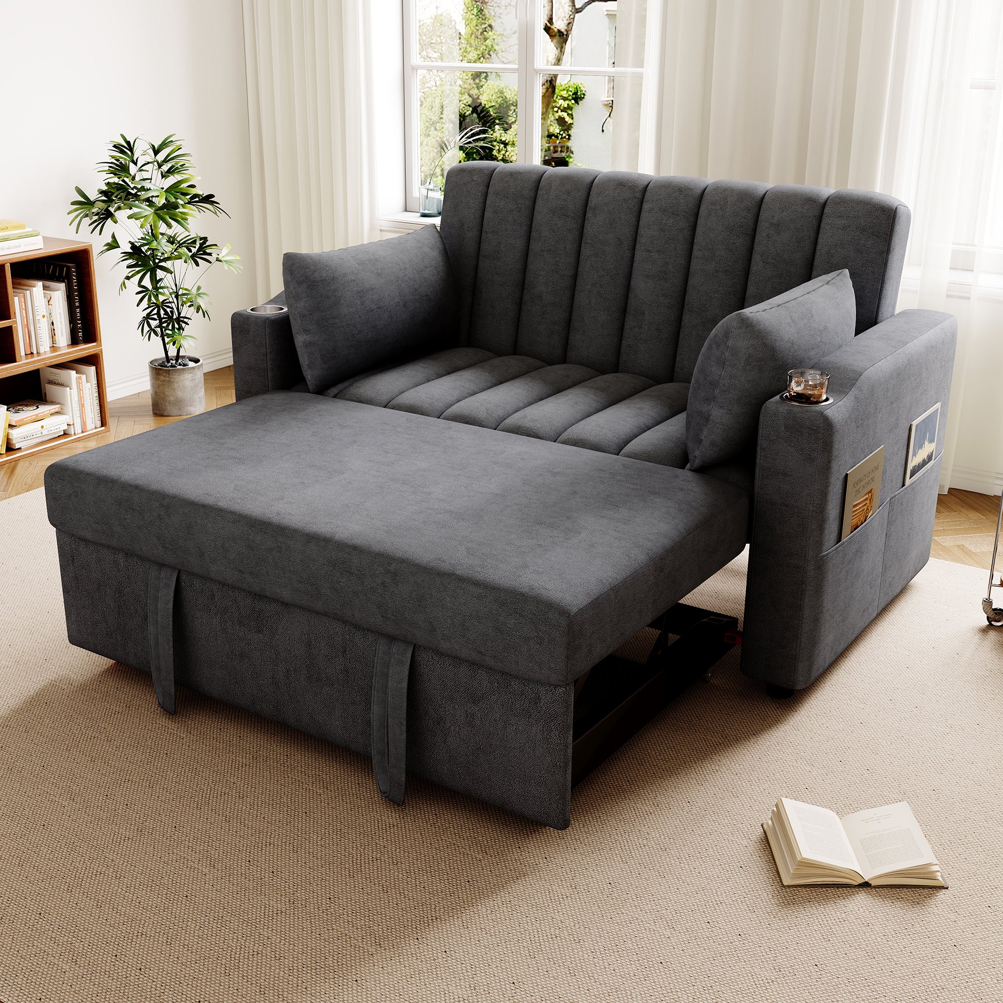 Modern Sofa Bed Multifunctional Adjustable Backrest with Drink Holder & Cushions