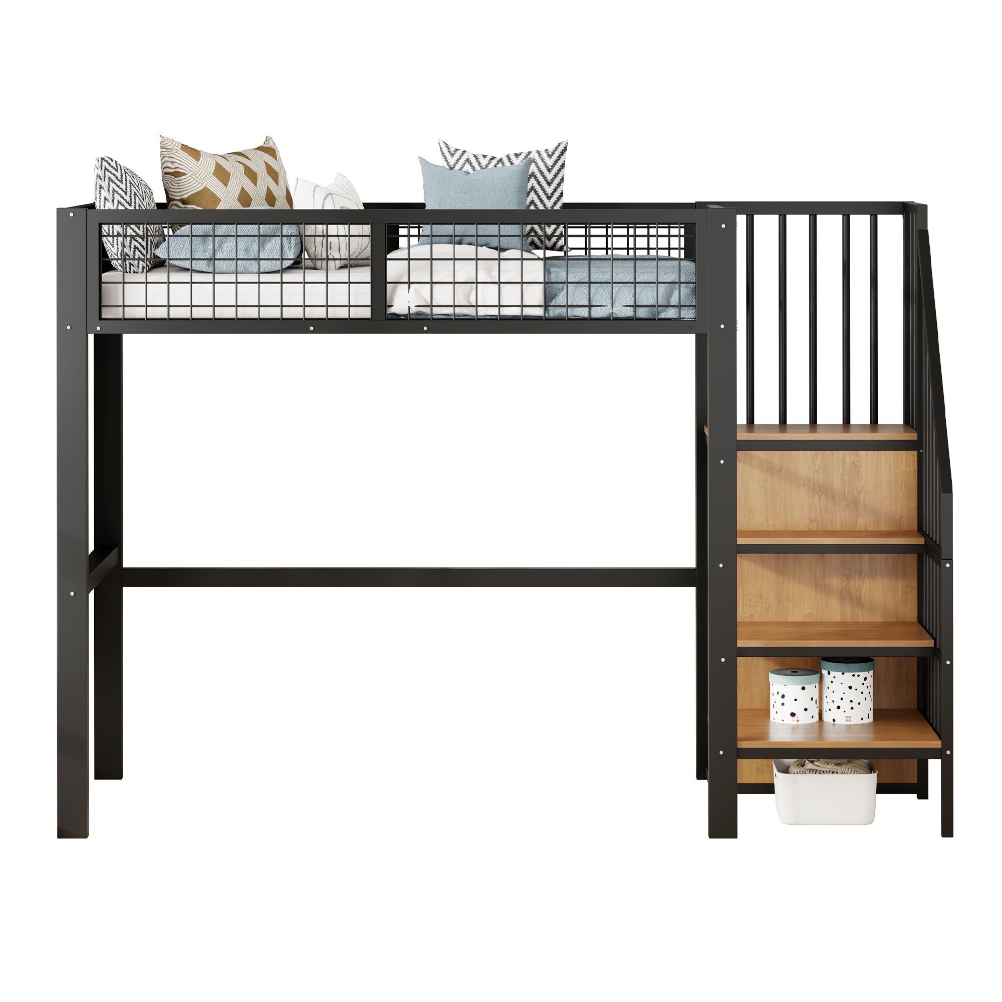 Loft Bed, 90x200 with Ladder & Storage, Iron Frame, Black