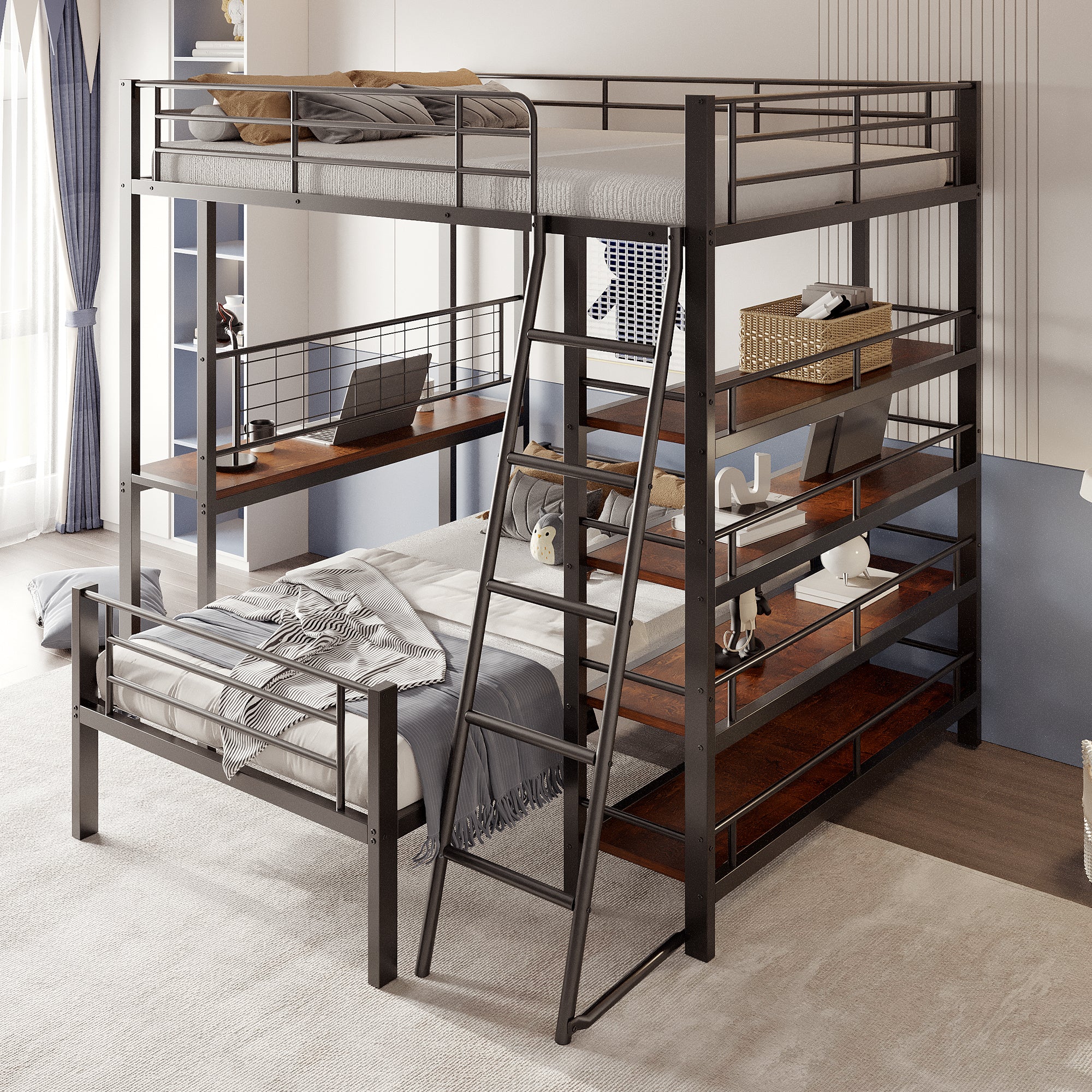 Bunk Bed Metal Frame Loft Bed 140*200 Multifunctional with Storage, Black
