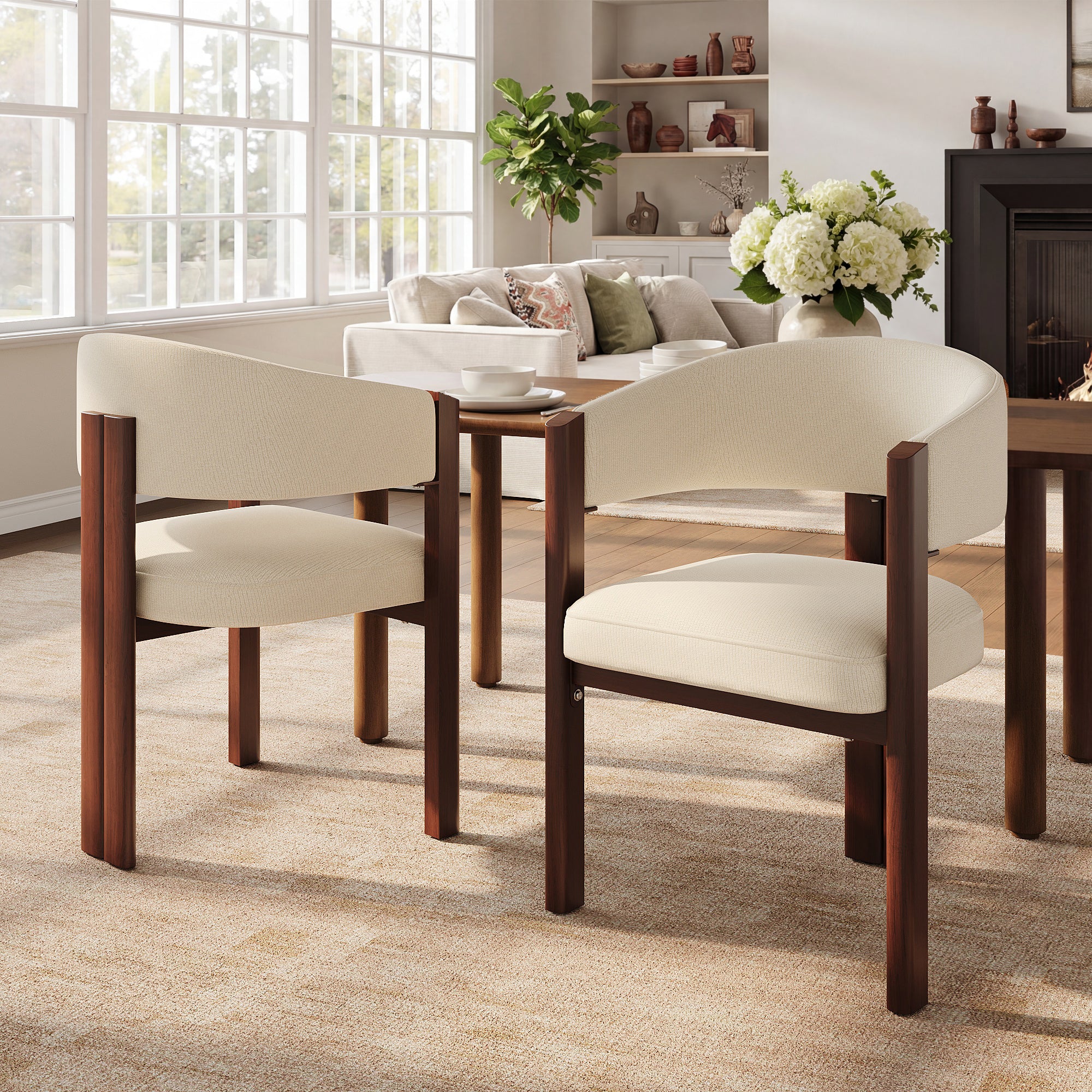 Ergonomic Dining Chairs Set of 2 with Thick Padding and Height Adjustable Feet, Wood Look Breathable Fabric