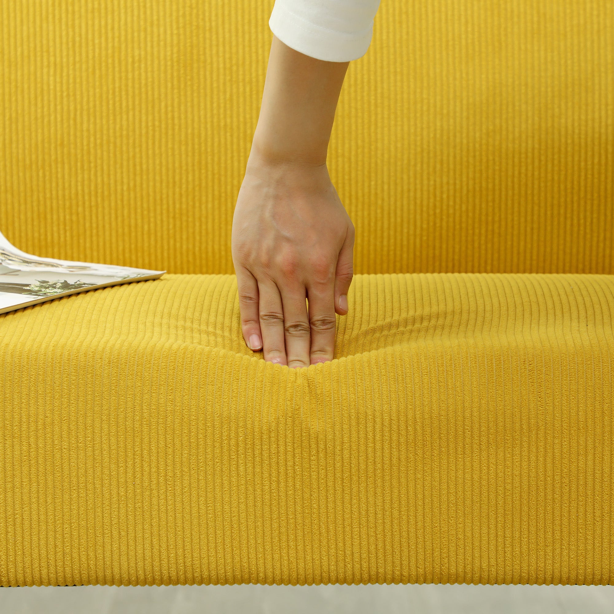 2-Seater Sofa Upholstered Corduroy Wooden Legs, Yellow