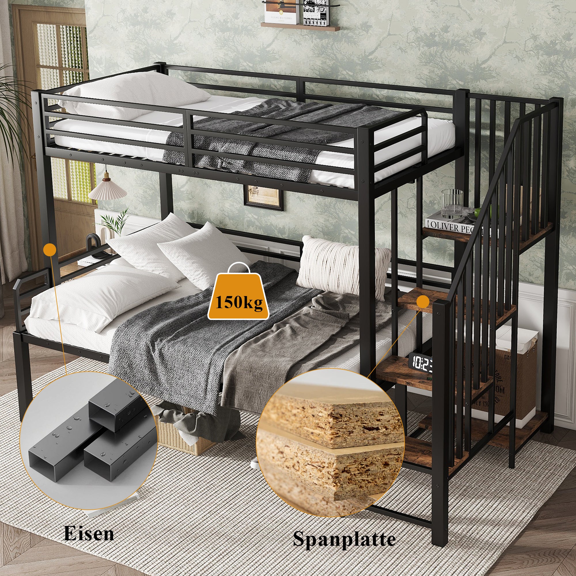 Iron Bunk Bed with Storage Ladder Wardrobe, 90x200cm & 120x200cm, Black+Vintage Wood Iron+MDF