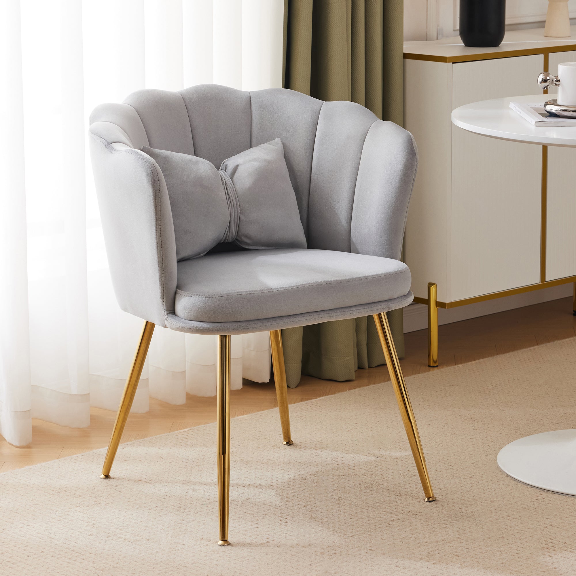 Modern Armchair, Velvet Upholstered Petal Back with Gold-Plated Metal Legs