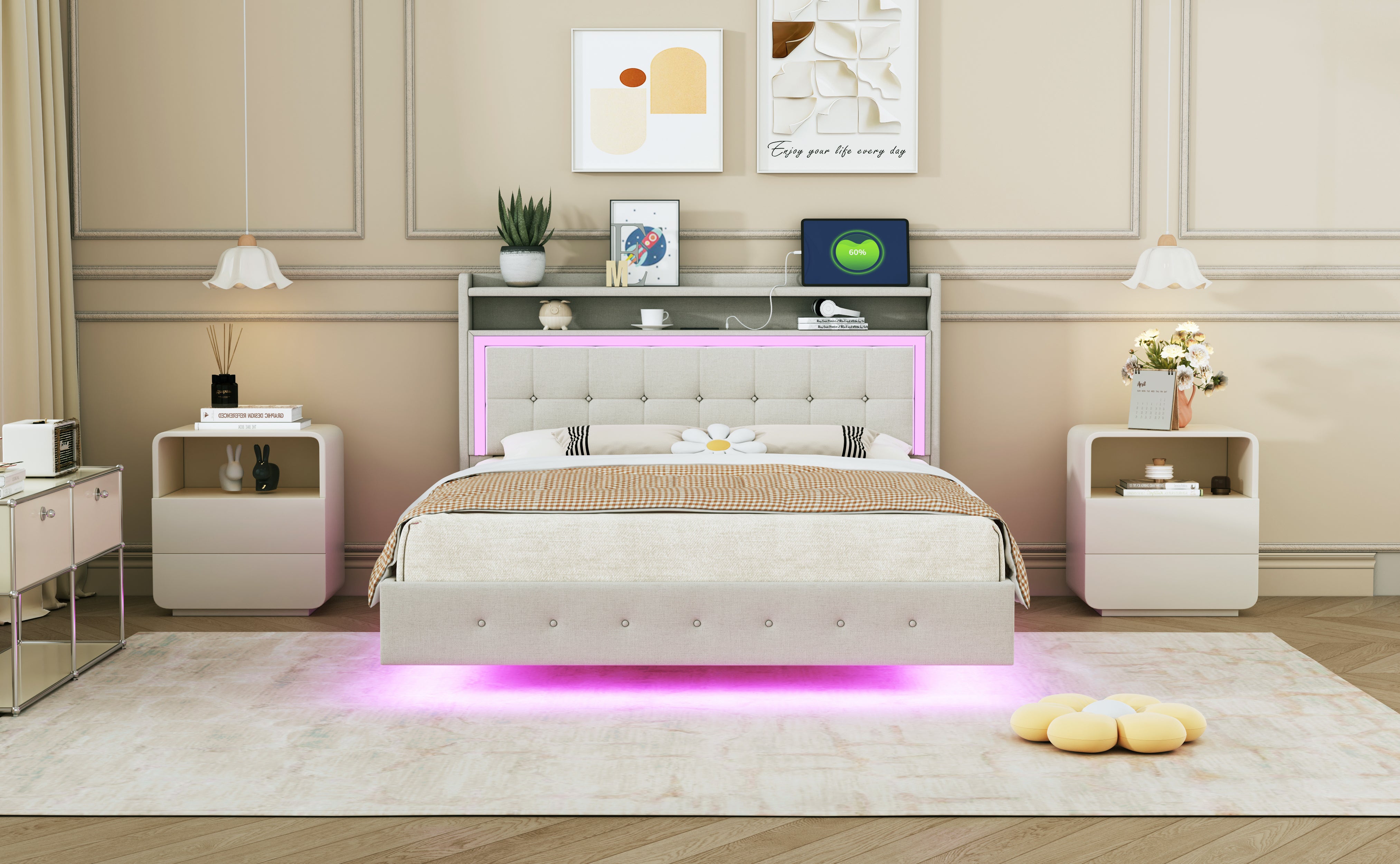 Upholstered Bed 140*200 with USB & LED Light, Linen Beige