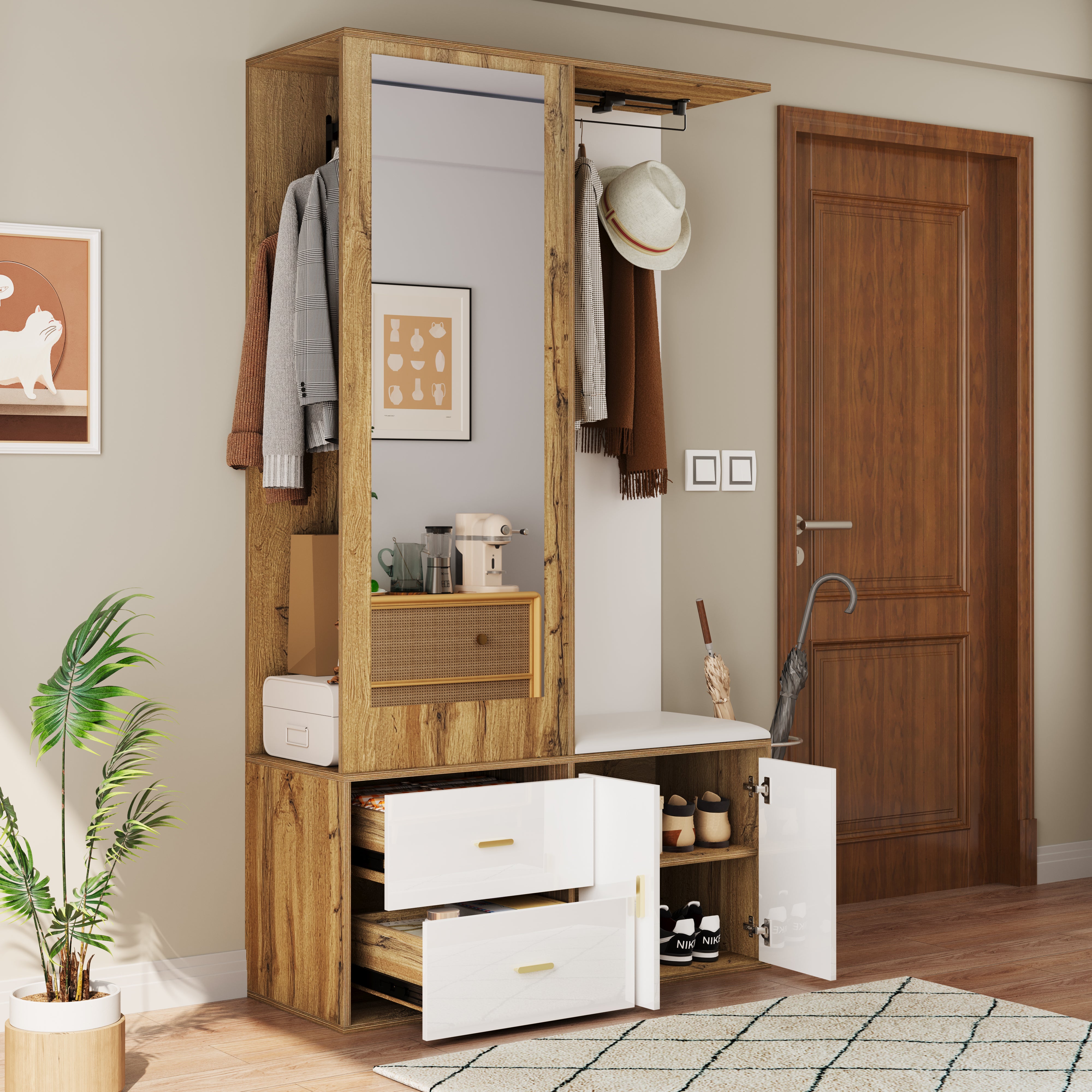 Wardrobe Set with Mirror, Shoe Cabinet & Bench, White and Wood