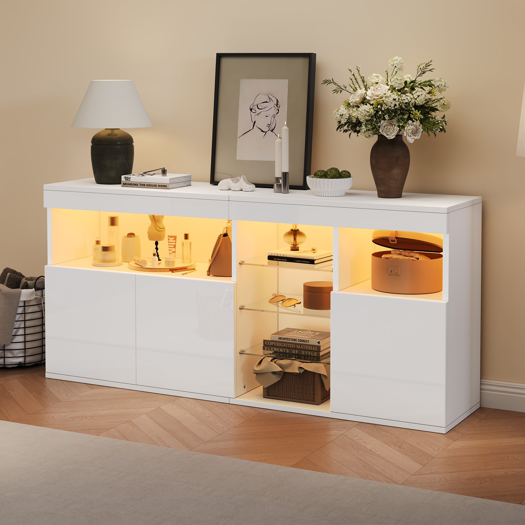 Living Room Cabinet Sideboard 155.5x35x72cm High-Gloss LED 3 Doors White