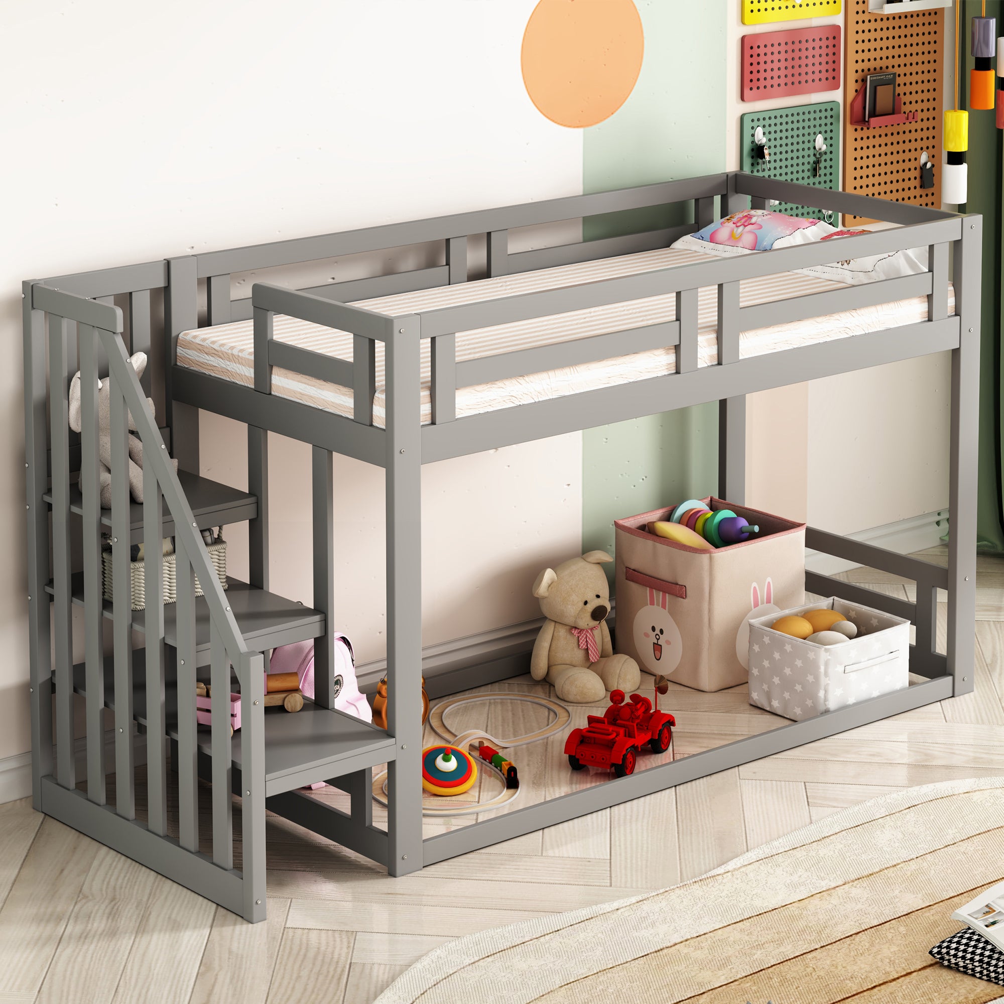 Children's Bed, Low Bunk with Safety Stairs, Solid Wood Gray