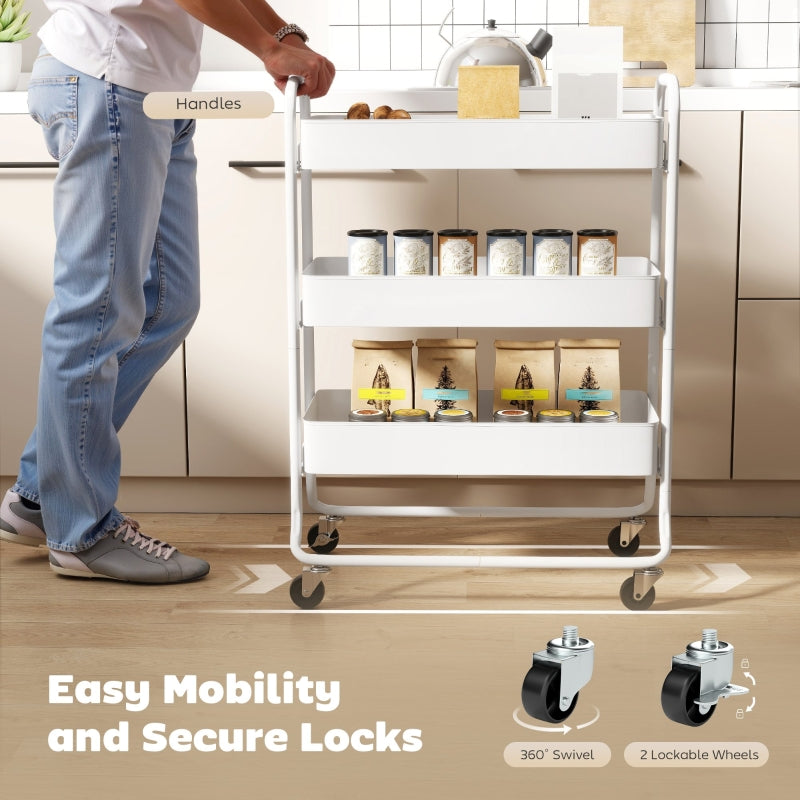 3-Tier Storage Trolley Utility Cart Mesh Baskets White Metal