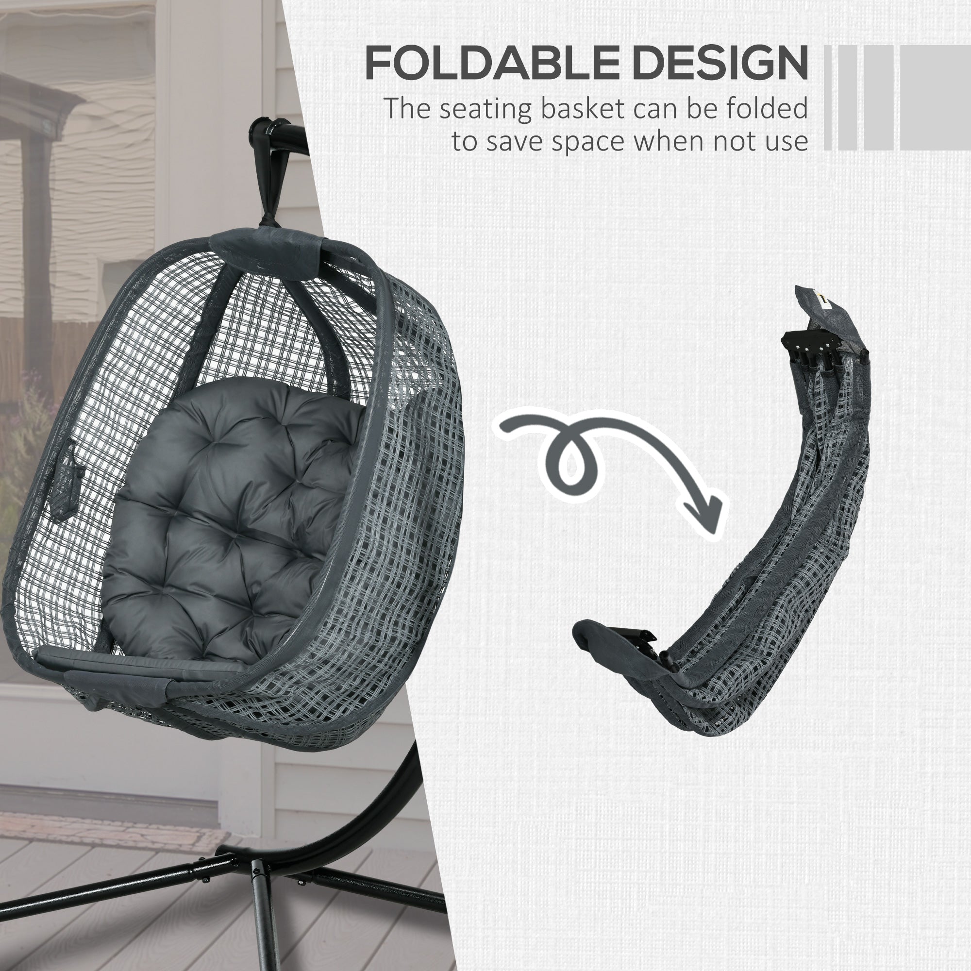 Outdoor Swing Chair, Hanging Egg Chair with Foldable Basket & Cup Holder, Dark Grey Steel