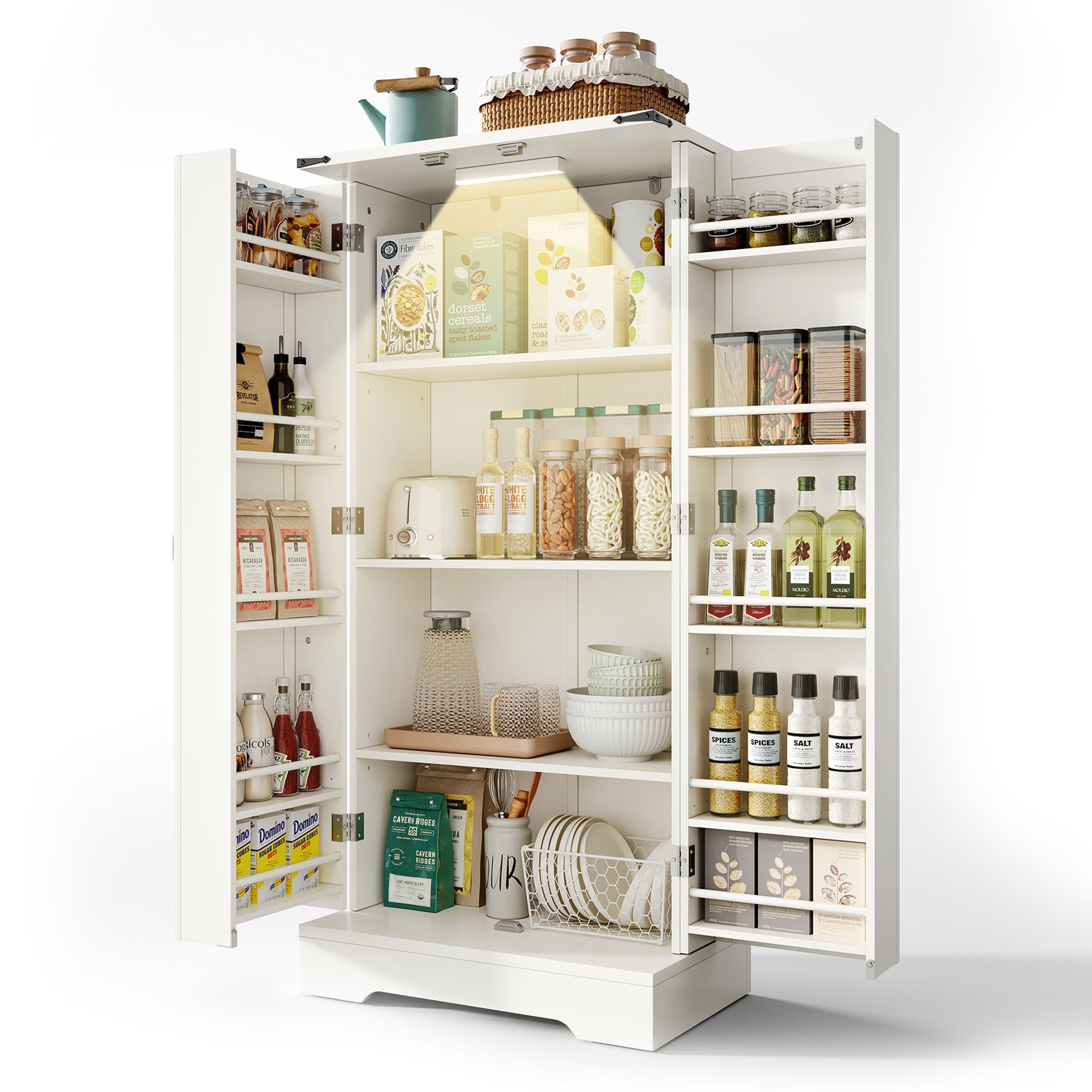 Pantry Cabinet 128.5cm Farmhouse LED 2 Doors Adjustable Shelves - White