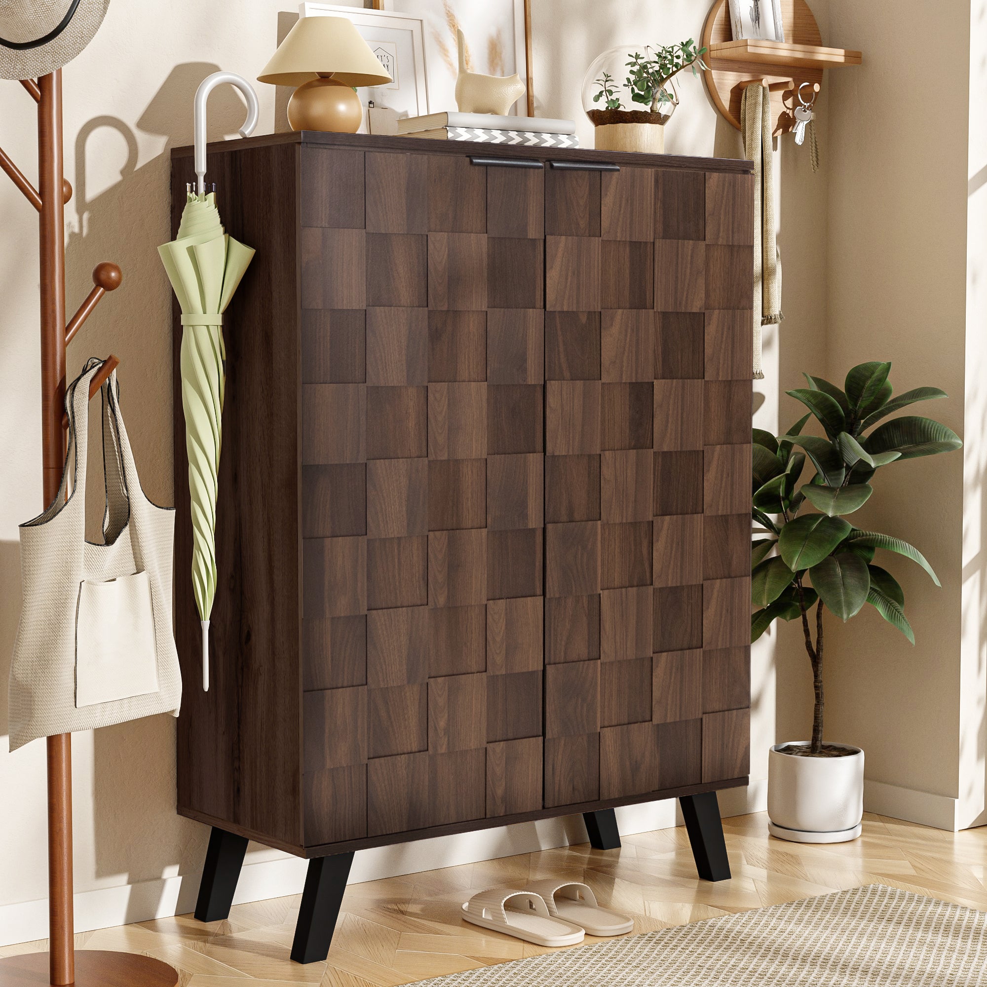 Sideboard Shoe Cabinet, 5 Compartments Adjustable Shelves, Dark Wood Grain