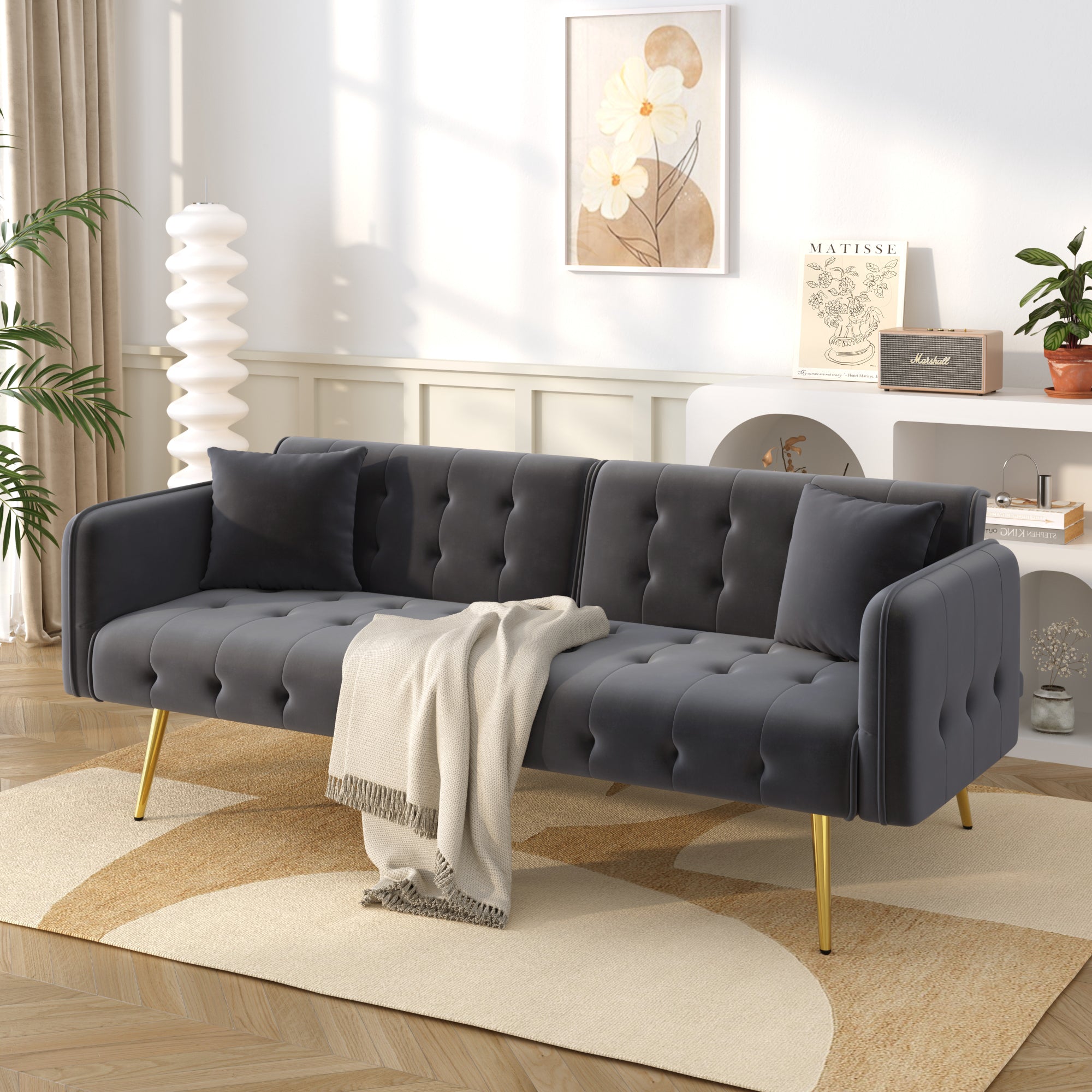 Sofa Bed, Two-Seater Multifunctional with Adjustable Backrest & Armrests, Velour