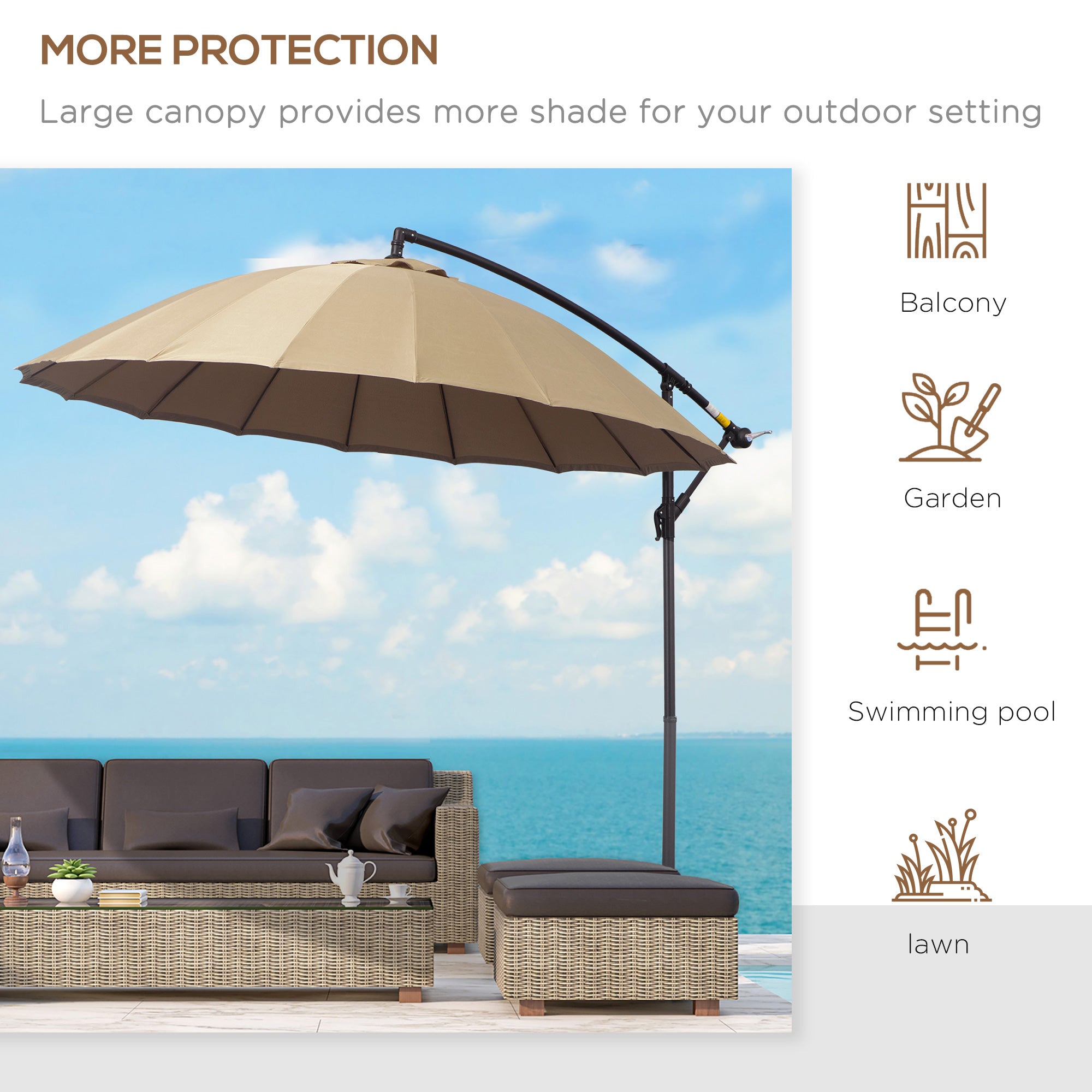 Cantilever Umbrella, 3m Adjustable Angle 18 Ribs & Vents, Khaki