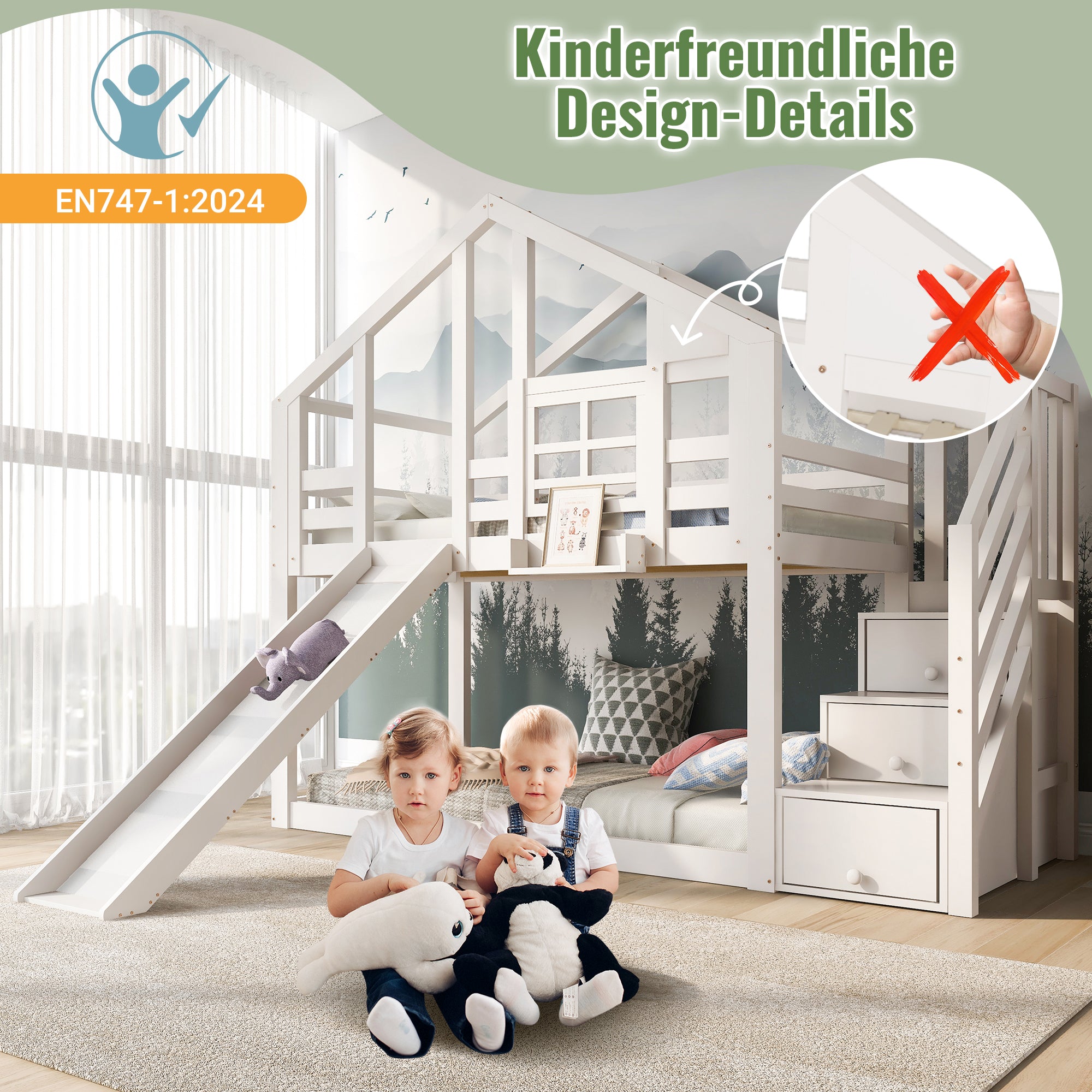Children's Treehouse Bunk Bed 90x200cm Window Design Slide Fall Protection White