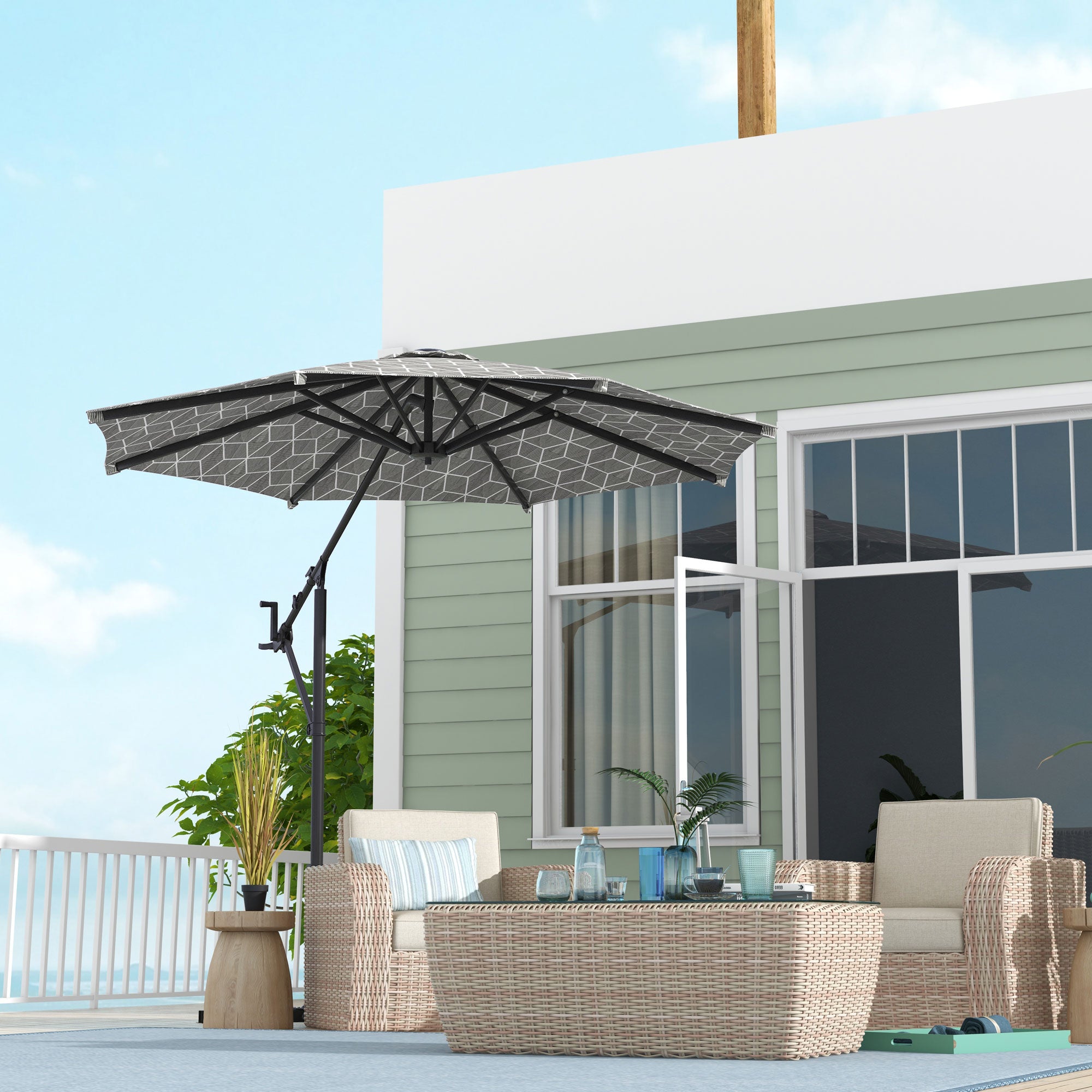Convertible Cantilever Parasol, 3m, 360° Rotation, Black and White