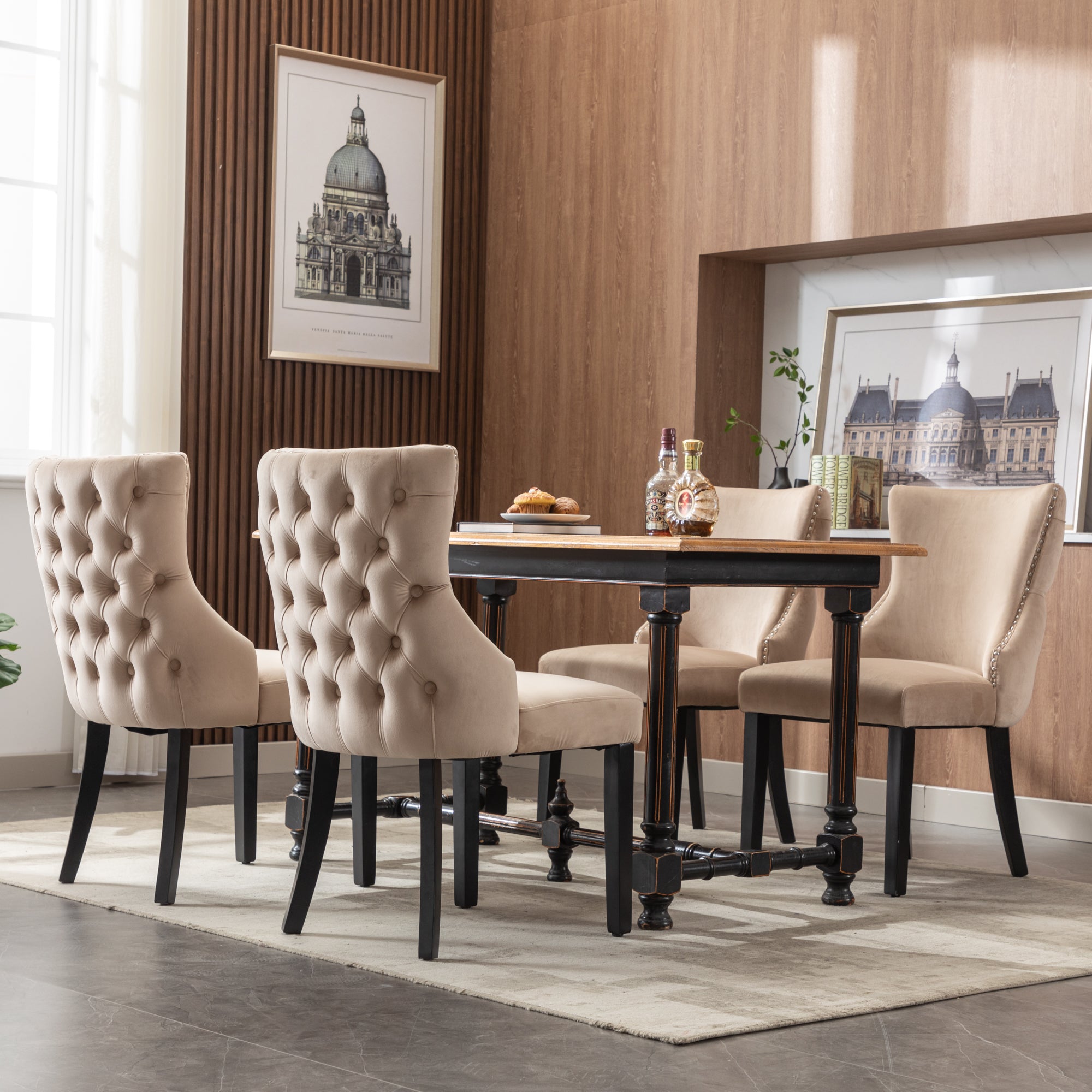 Kitchen Chairs (Set of 4), 4-Legged Dining with Button Stitching, Velvet Beige