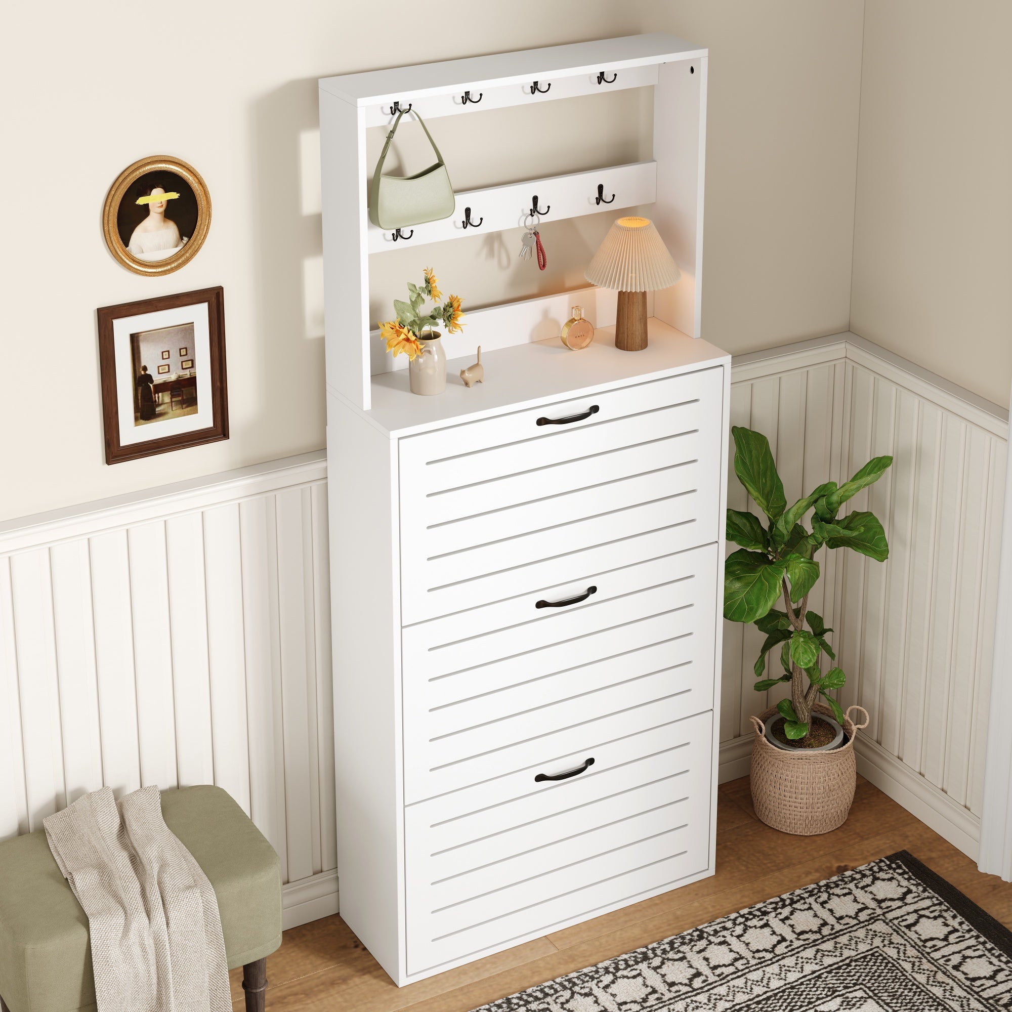 Shoe Cabinet with 3 Doors, Hooks, 15 Pairs Capacity