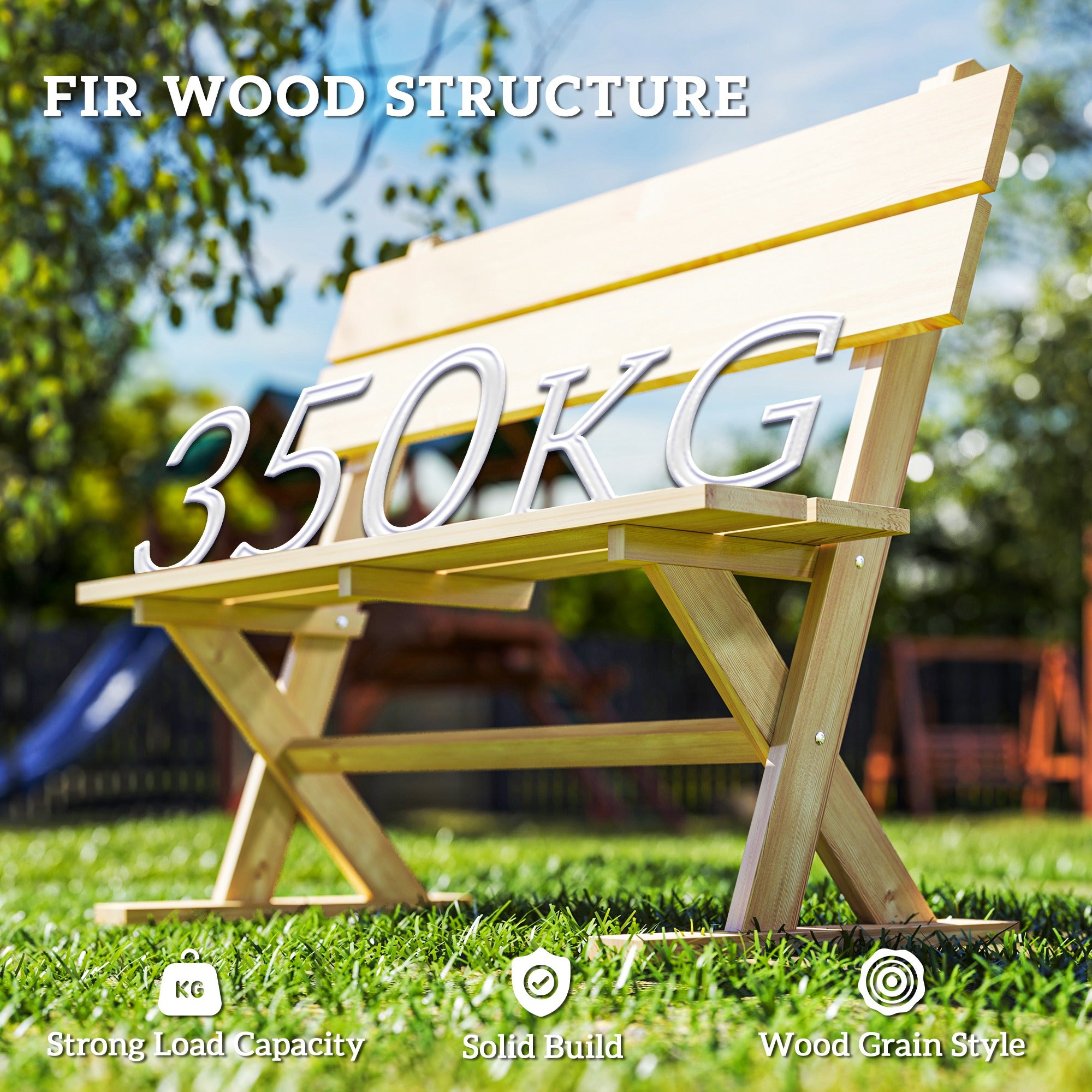 2 Seater Wooden Garden Bench, Outdoor Loveseat Slatted Seat Sloping Back, Fir Wood Natural Finish