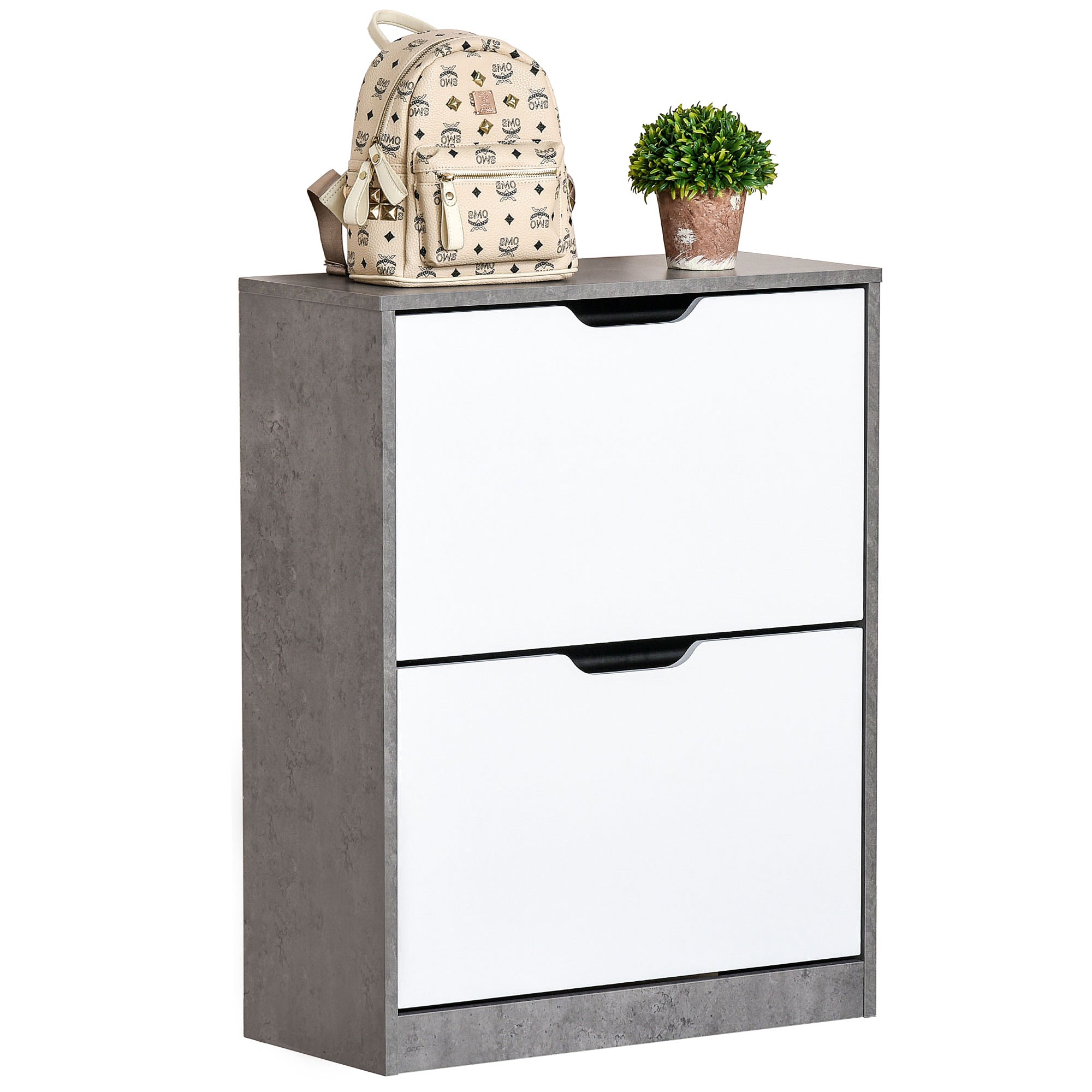 Two Drawer Shoe Cabinet with Adjustable Shelves and Groove Handles, Grey/White