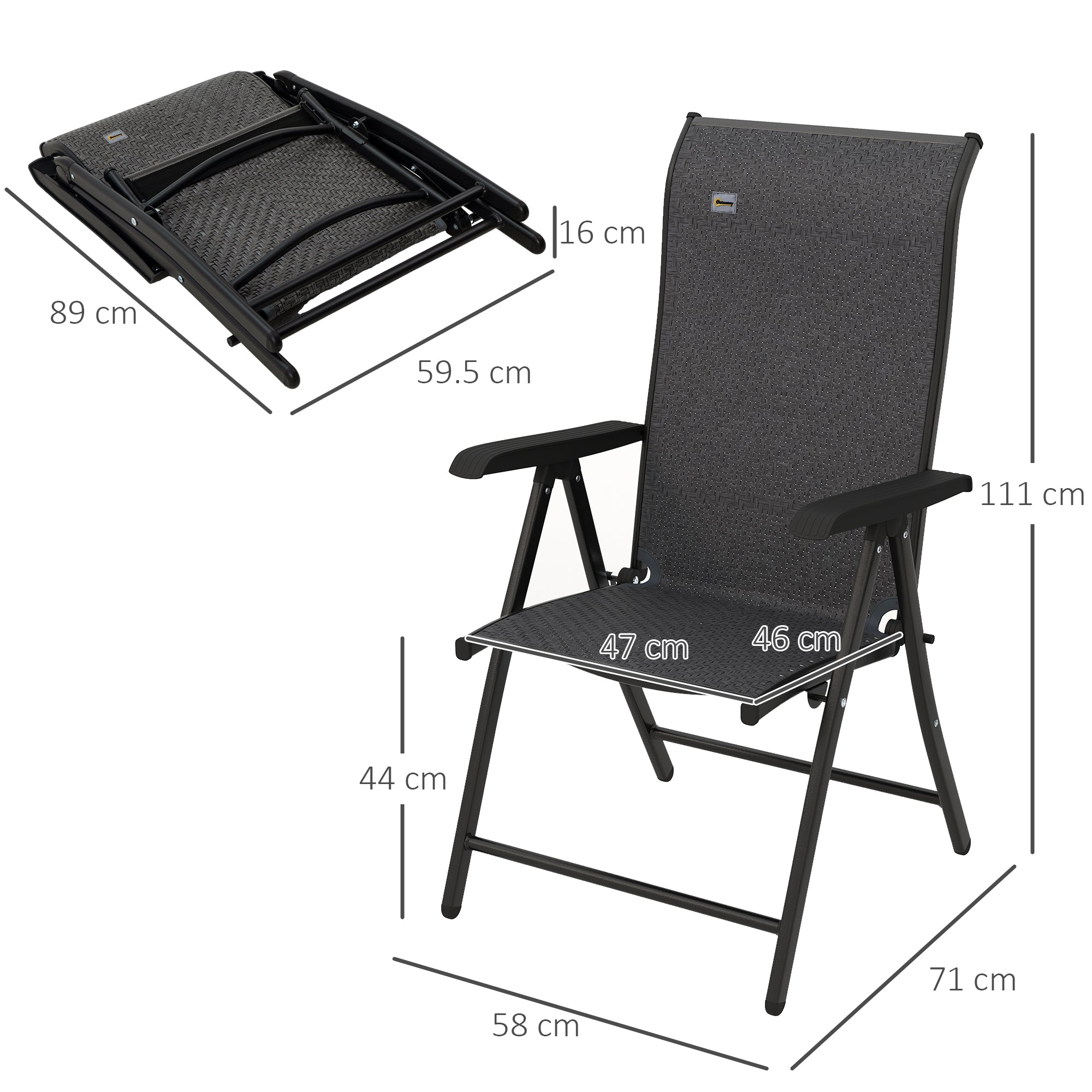 Set of Two Folding Garden Chairs, Seven-Position Adjustable Backs - Grey
