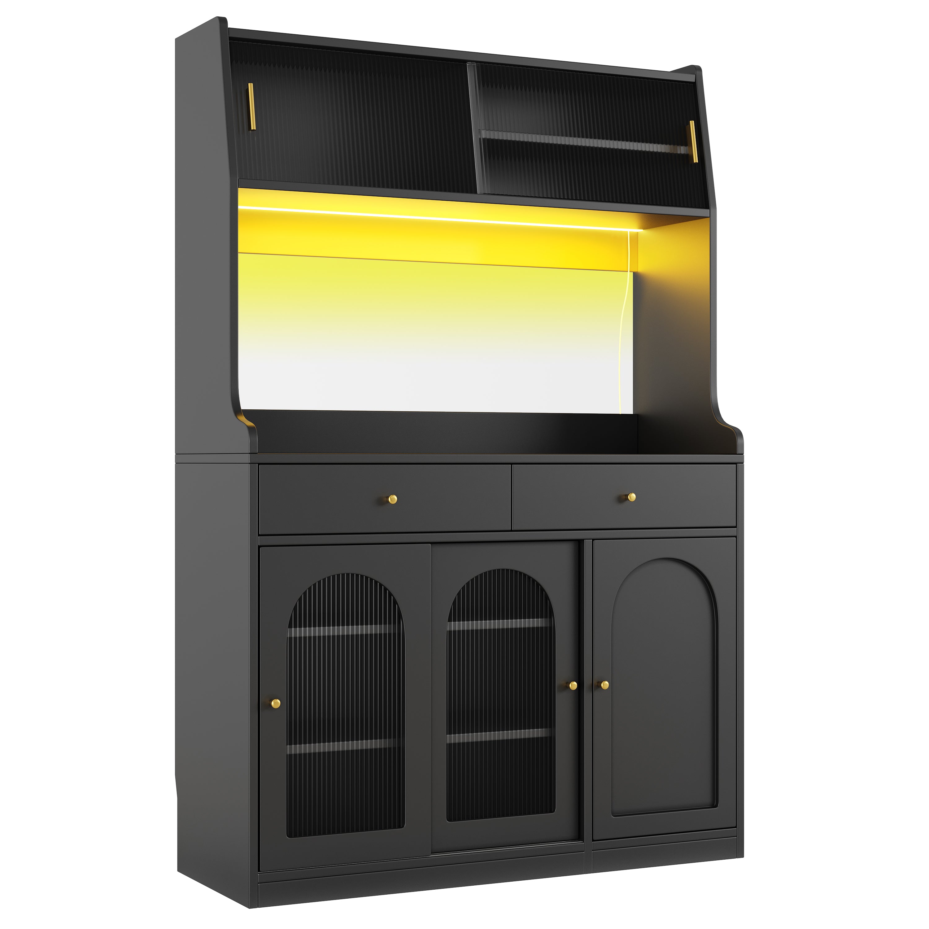 Tall Cabinet Sideboard with LED Adjustable Shelves & 2 Drawers - Black
