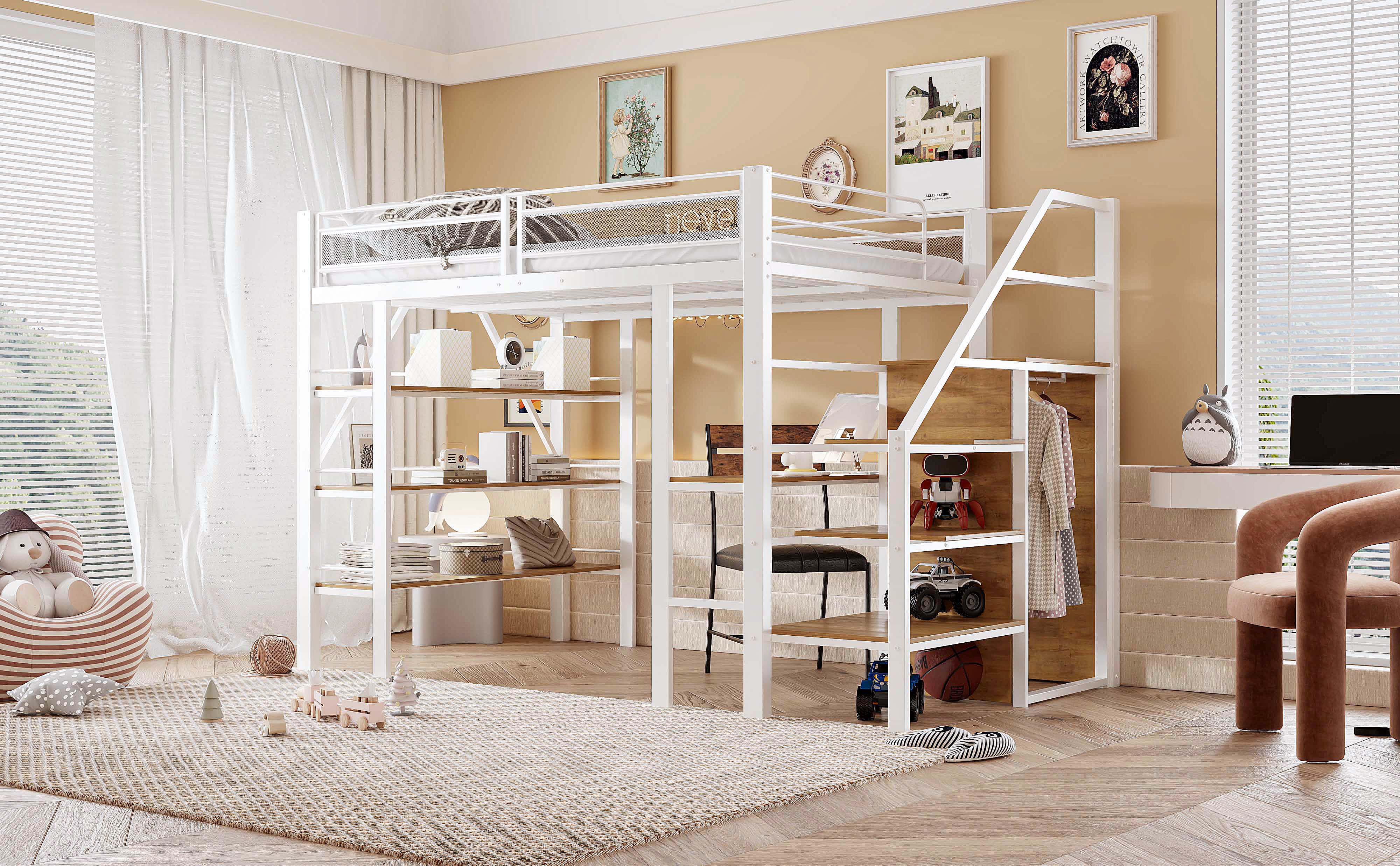 Loft Bed, 140x200cm with Storage Shelf, Desk, Wardrobe, Safety Steps, Iron, White