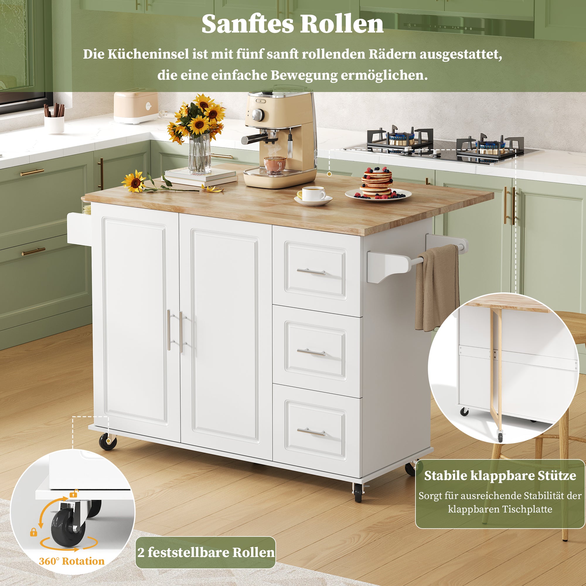 Mobile Kitchen Table with Foldable Oak Worktop and 3 Drawers, Oak and White