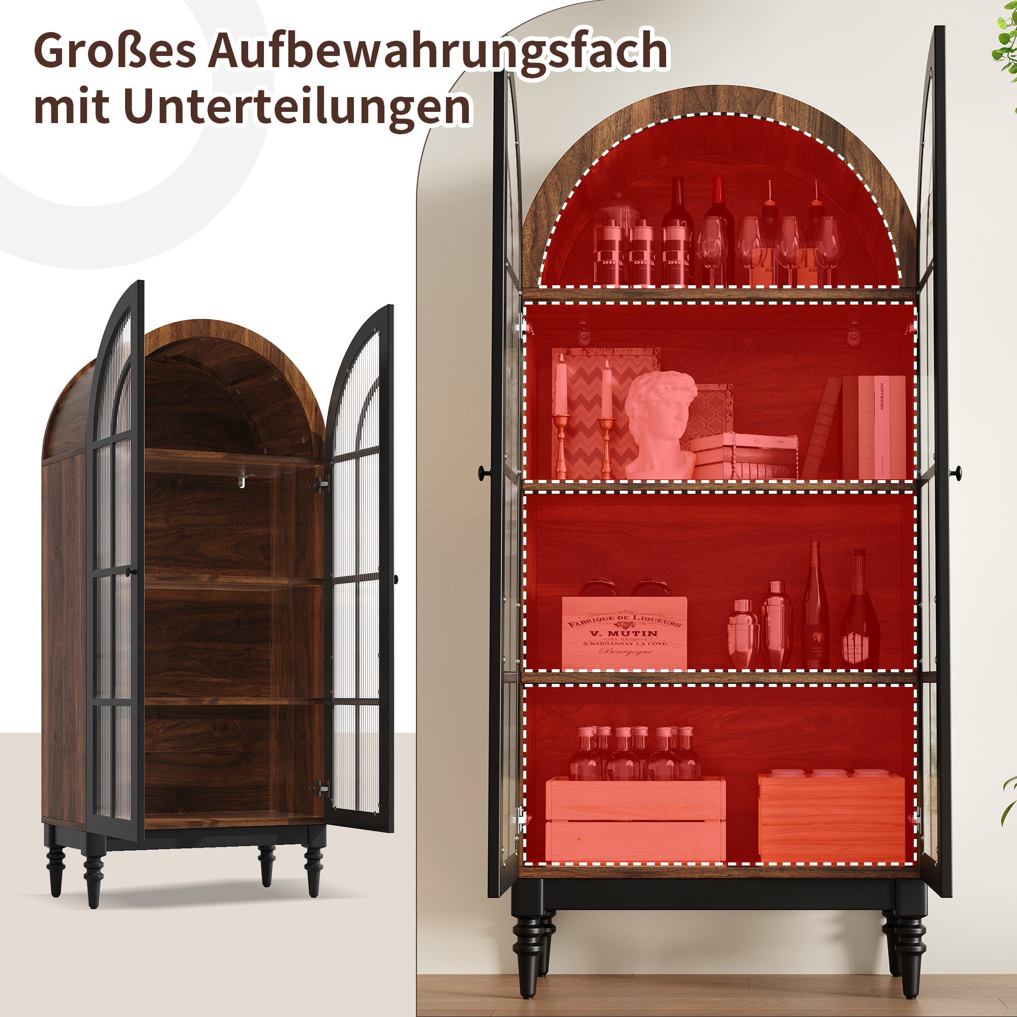 Tall Arched Storage Cabinet with Glass Doors and Wood Grain Finish