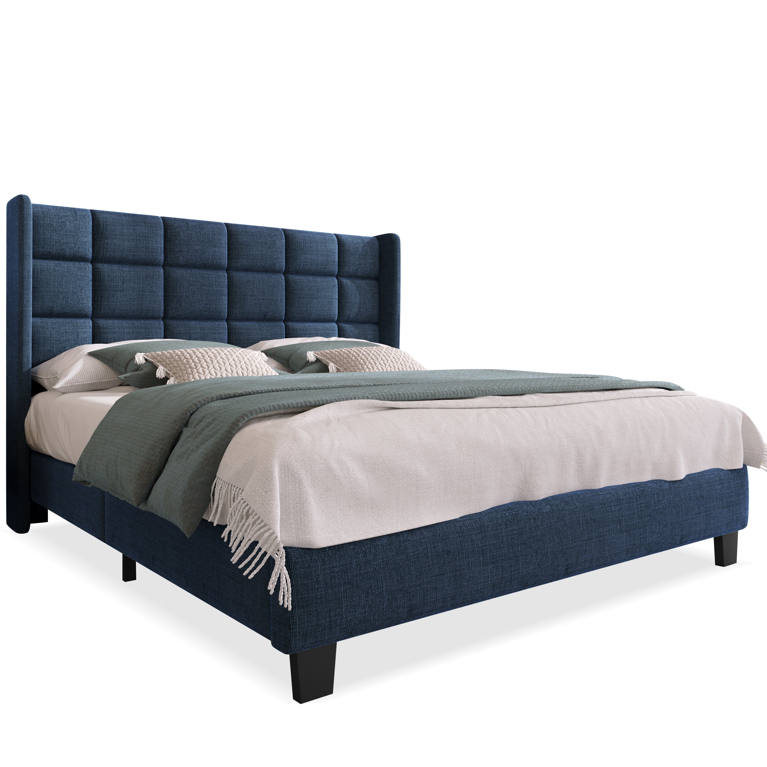 Upholstered Bed, Double with Slatted Frame, 140x200cm, Blue Linen