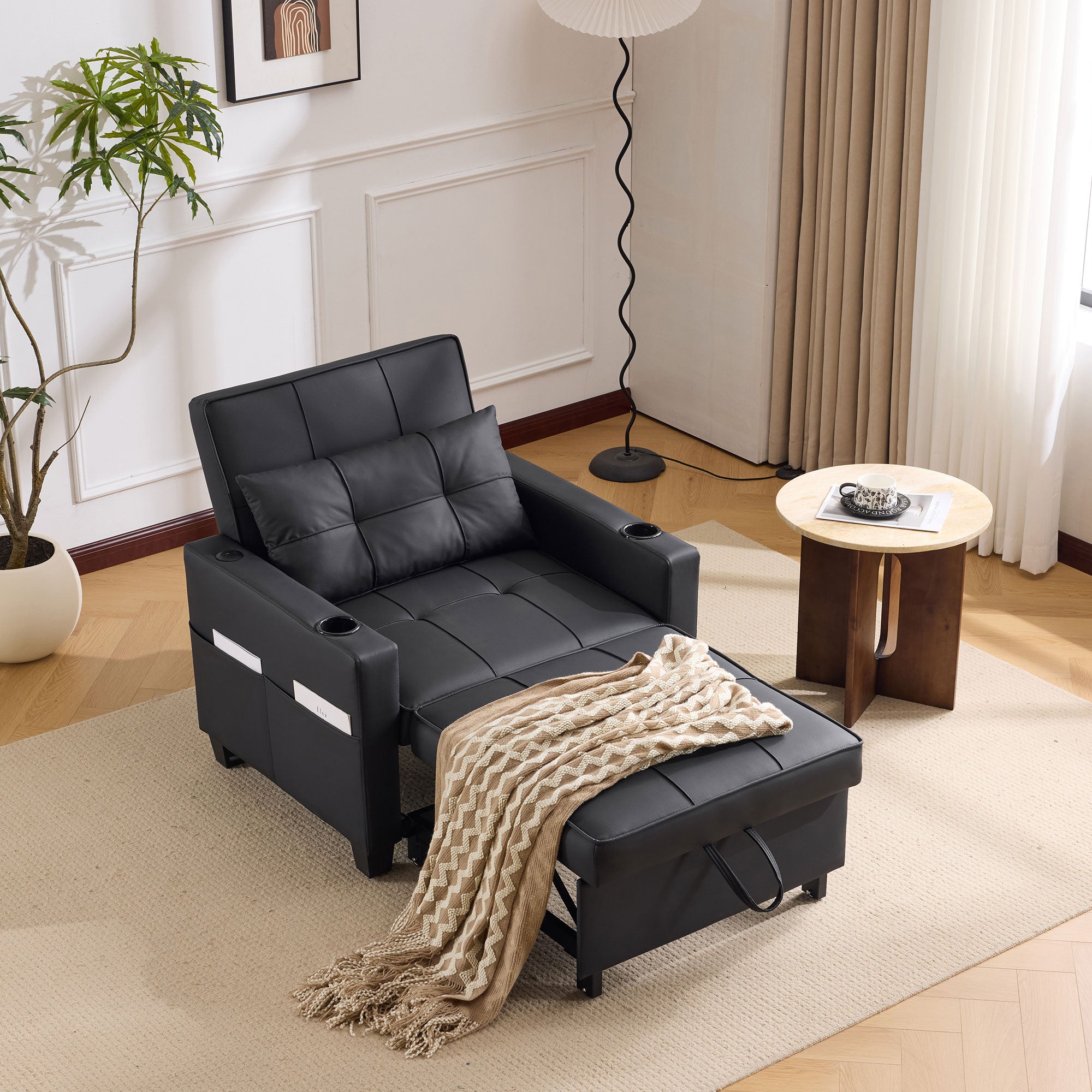 Sofa Bed, 3-in-1 Pull-Out with Cup Holders & USB Port