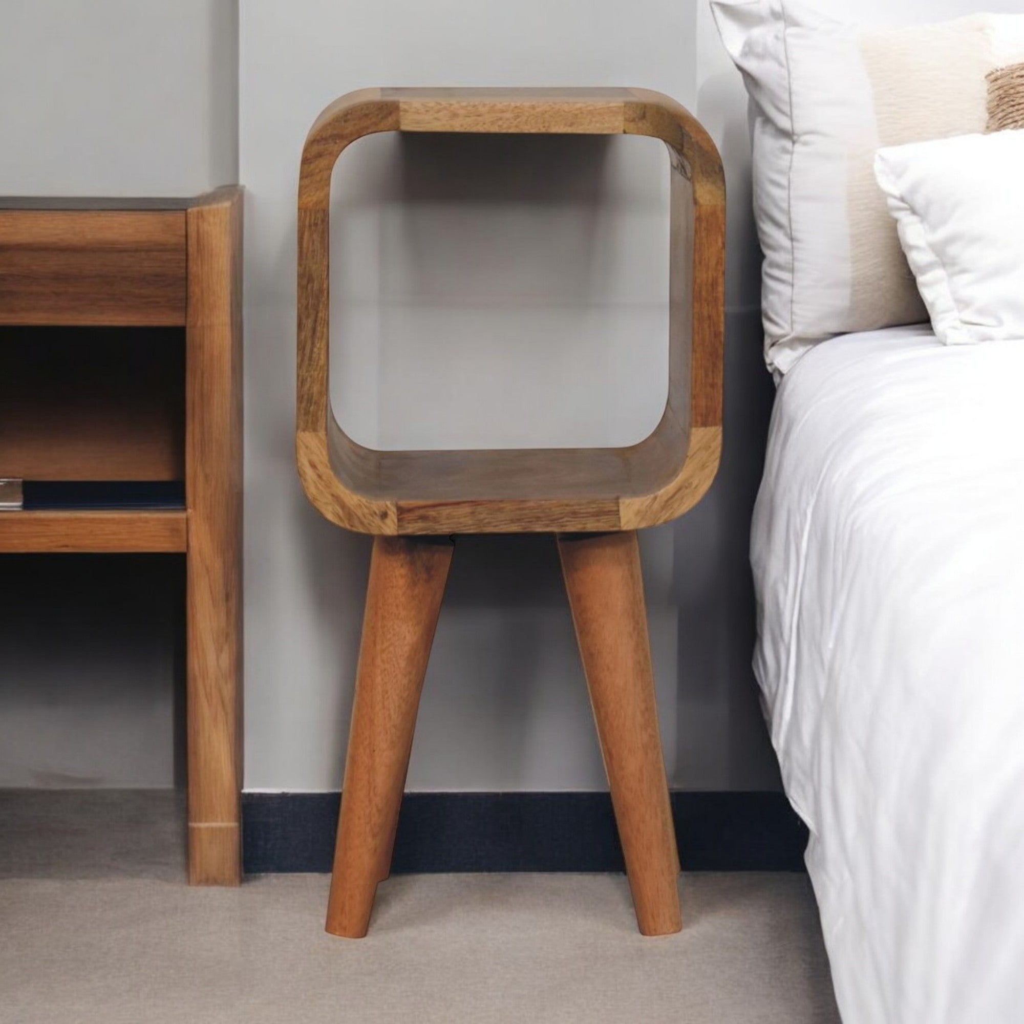 Solid Wood Bedside, Extra Mini Minimalist Open Curved Open Slot, Oak-ish Brown