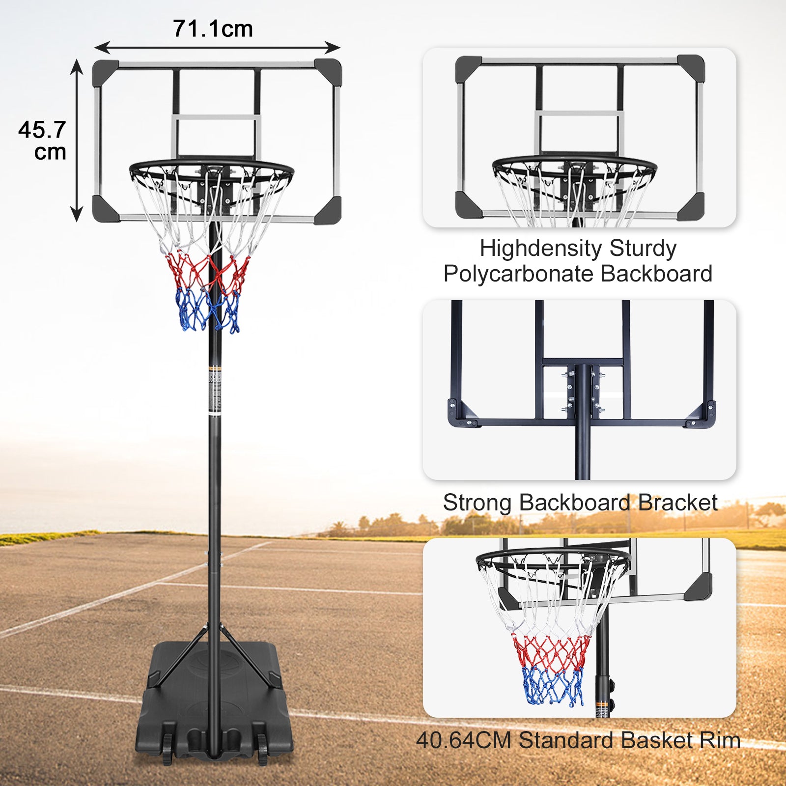 Portable Basketball Hoop Adjustable Height 71.1cm Shatterproof Backboard with Wheels