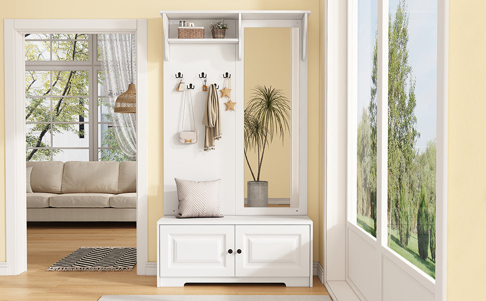 Wardrobe with Mirror, 5 Hooks, 2 Cabinets, White