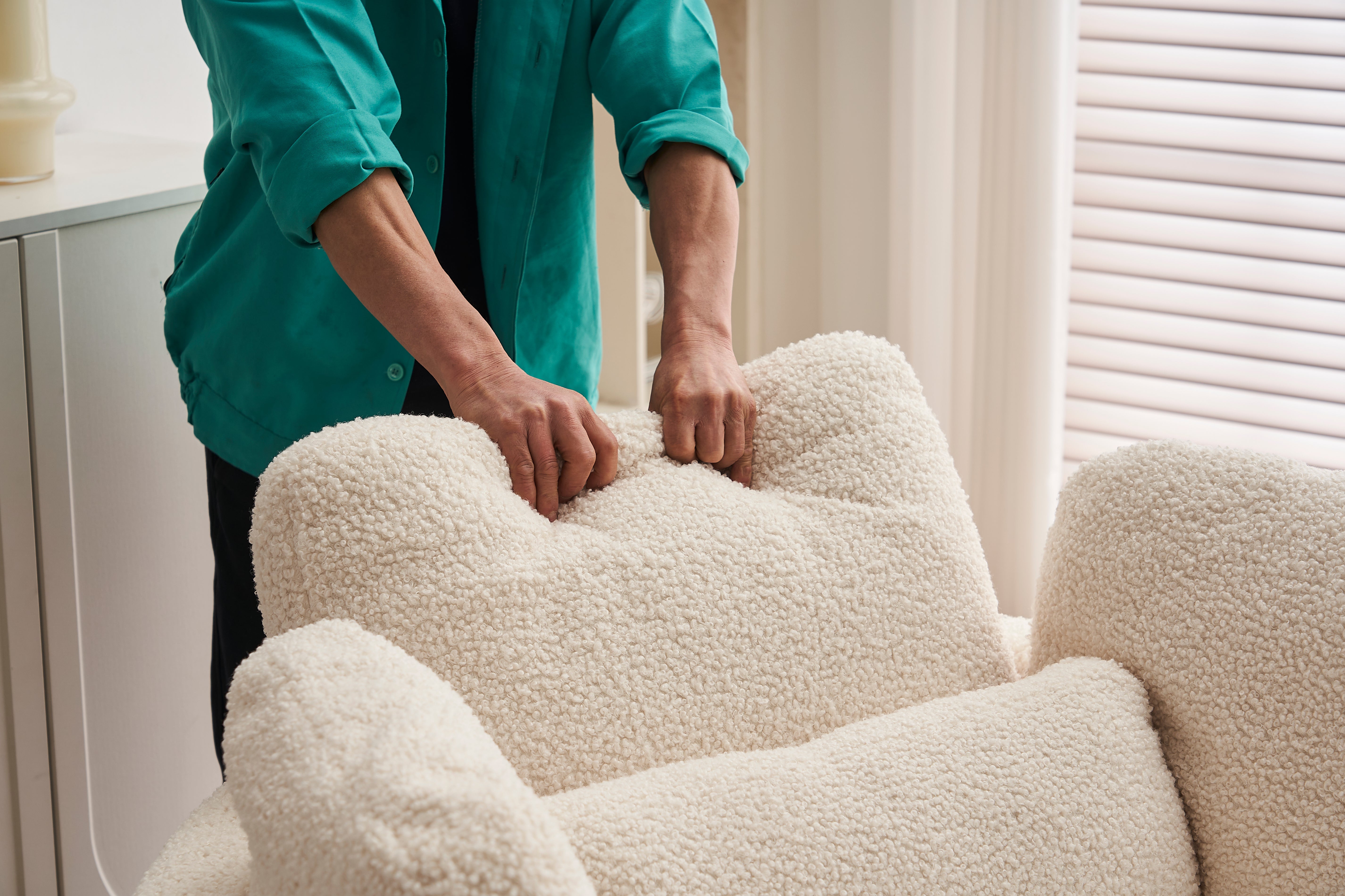 Teddy swivel armchair with 3 back cushion pillow ottoman crescent stool, White