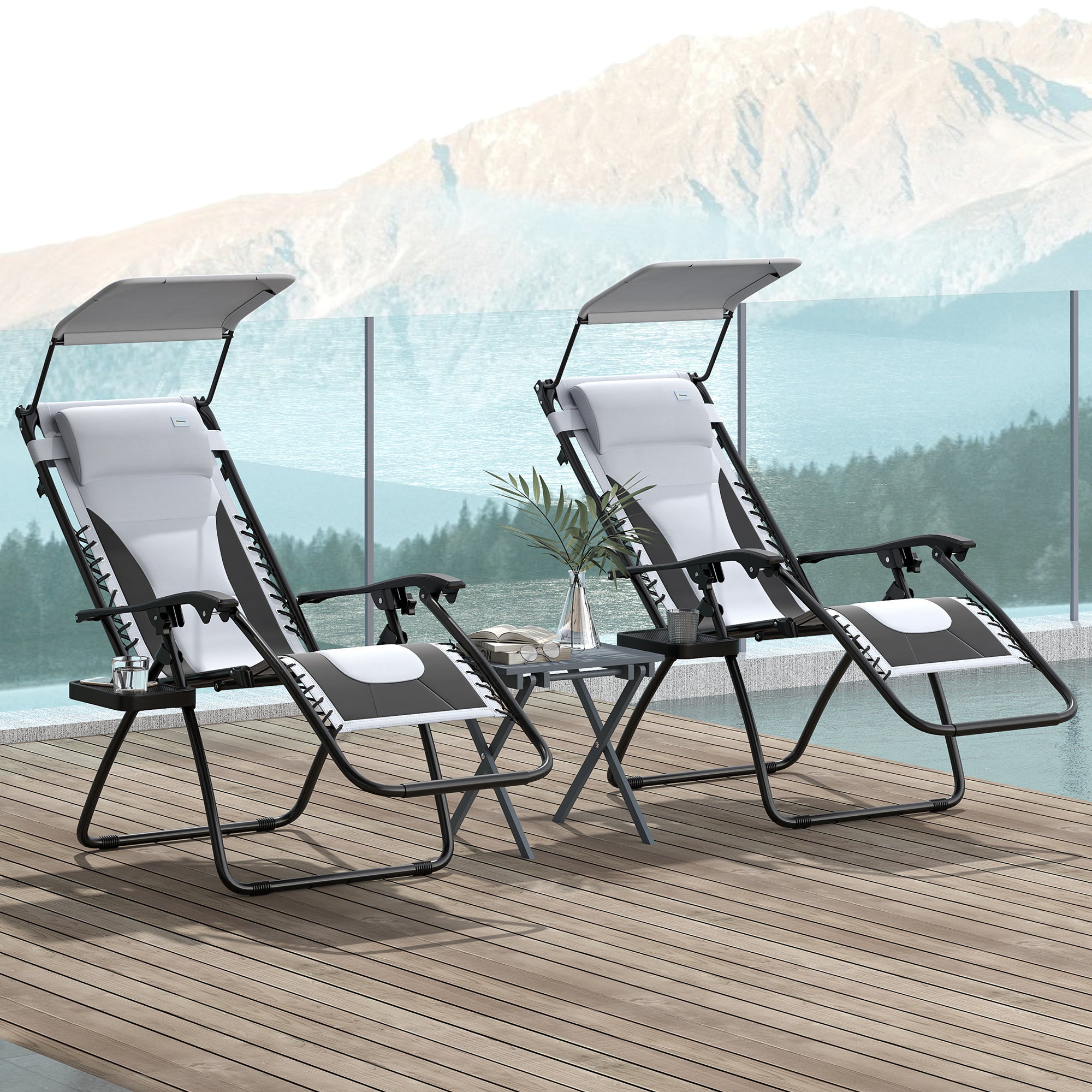 Zero Gravity Lounger Chair Set of 2, Folding Reclining Patio Chair with Shade Cover, Light Grey