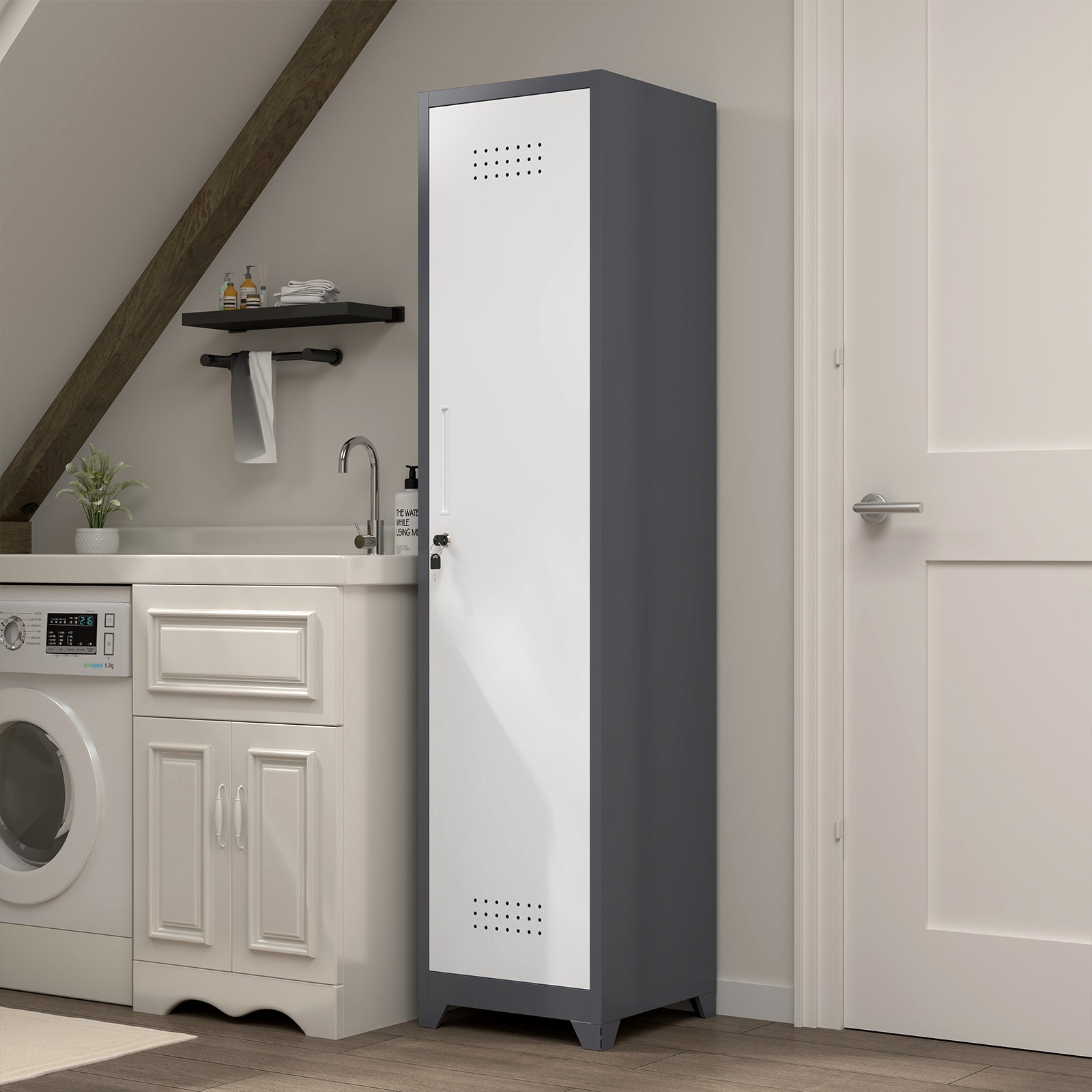 Slim Broom Storage Cabinet with Shelves, Hanging Rod & Locking Door - Metal